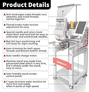 Computerized Embroidery Machine, Model RBE2235-A12 Commercial 22*35cm (8.66*13.78 inches) Working Area 12 Needles Embroidery Machine, Available For Hats T-shirts Hoodies Embroidery etc.