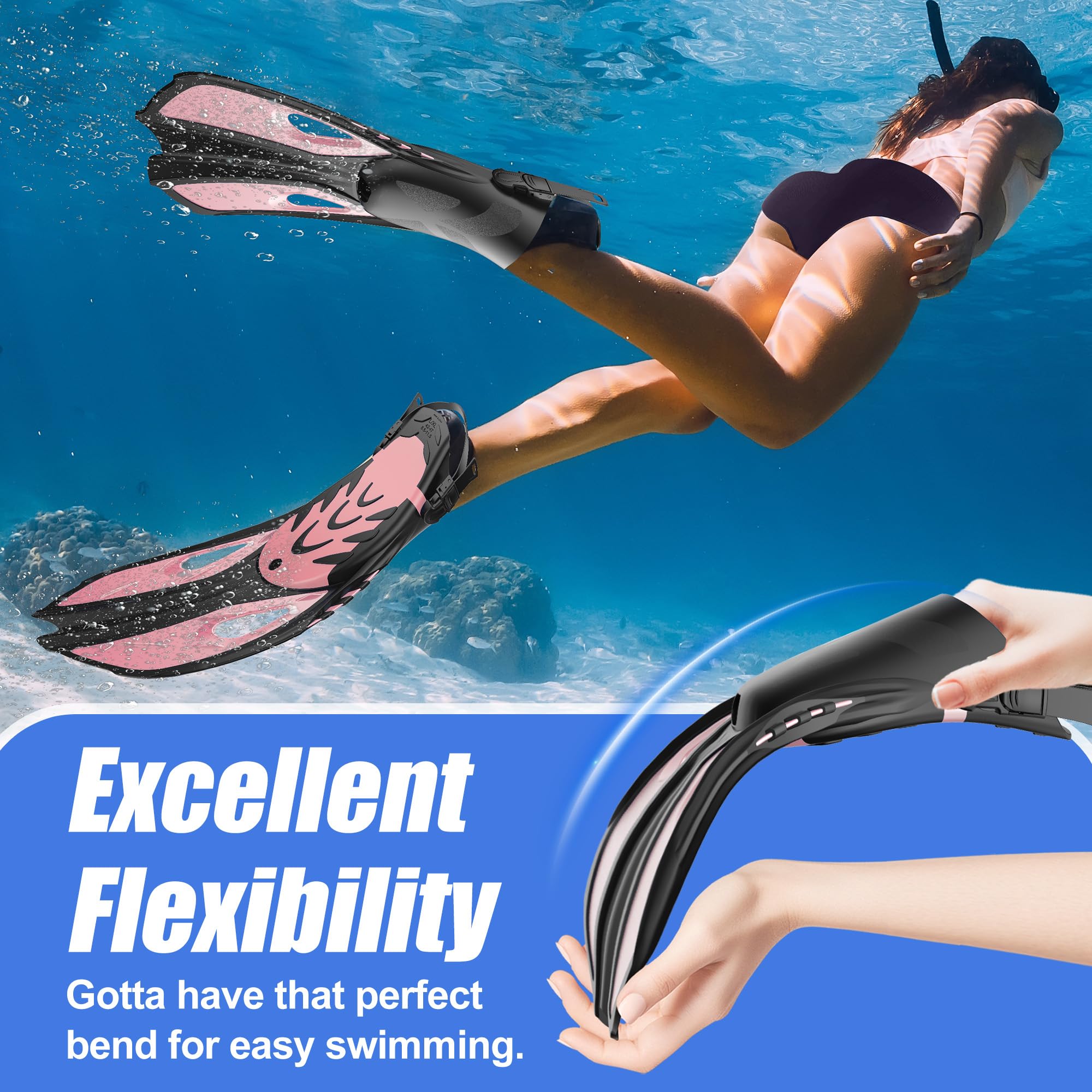 MELUMILU Snorkel Fins, Swim Fins Travel Size Short Adjustable for Snorkeling Diving Adult Men Women Open Heel Swimming Flippers: Pink S/M (US Men 4.5-8.5 / Women 5.5-9.5)