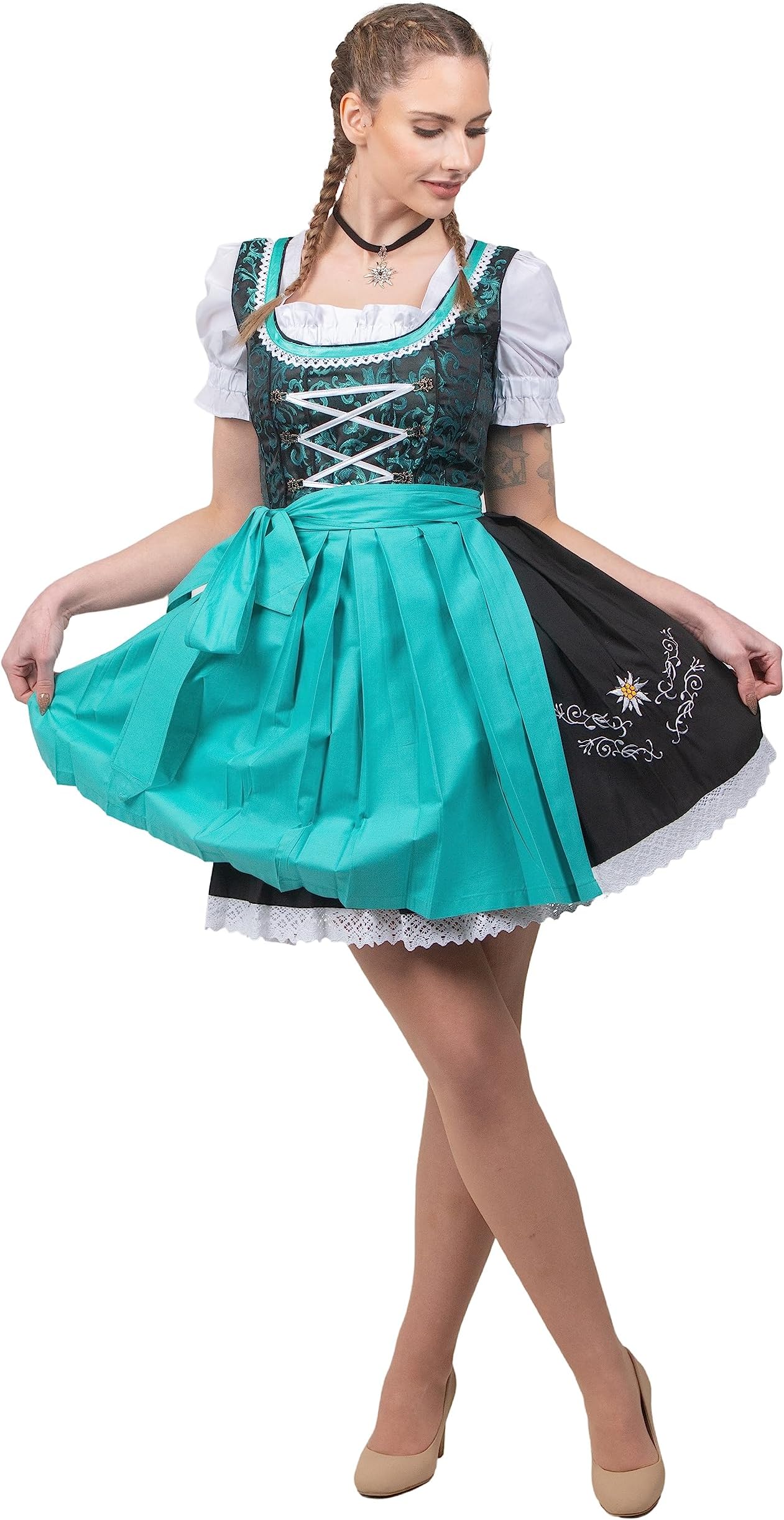 Edelweiss Creek 3-piece Short Black & Green Bavarian Dirndl Dress For German Oktoberfest