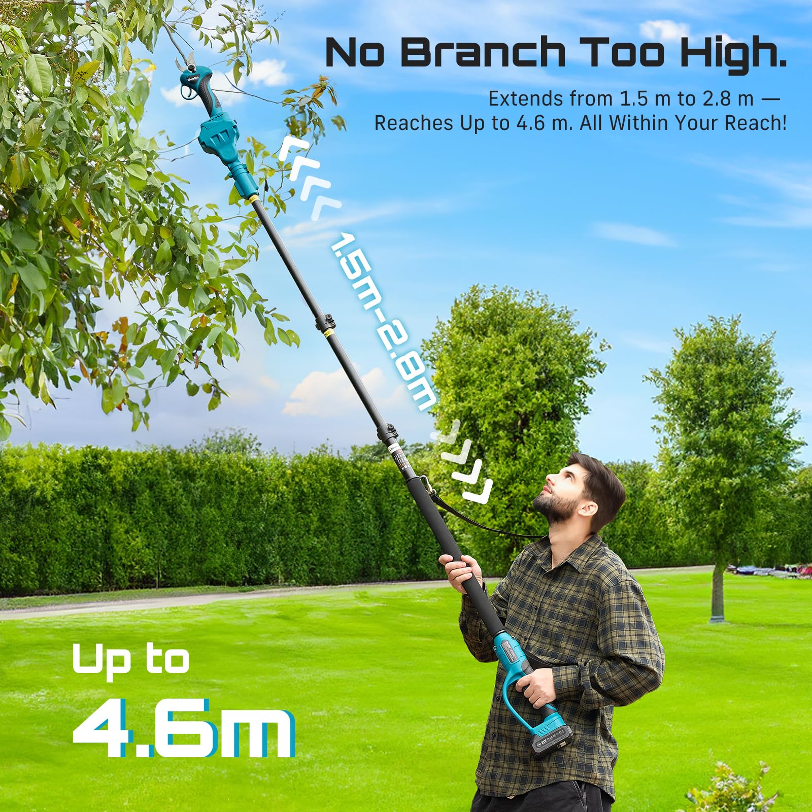 Seesii Tijeras de Podar Eléctricas con Batería, 2 in 1 Seesii 33 mm Podadora Telescópica con 2.4M Pértiga de Extensión, 2x2000mAh Batería, Podadora de Jardín Eléctrica para Jardineria, Olivos
