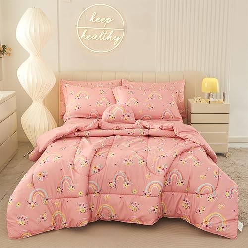 Mooreeke Juego de edredón de tamaño Queen para niñas y niños, 8 piezas de cama en una bolsa, juego de sábanas de edredón de flores de arco iris rosa
