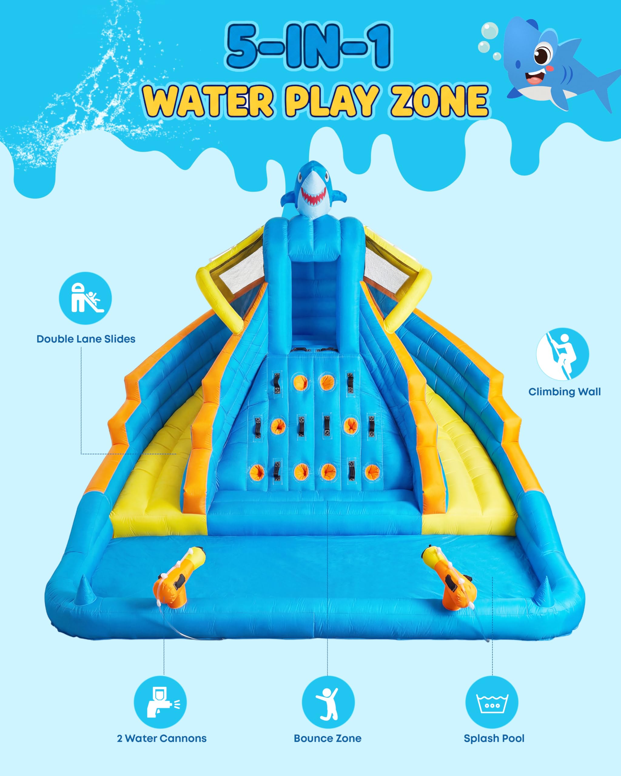Parque acuático inflable para niños, tobogán de doble carril al aire libre de 4 m con piscina de salpicaduras, pared de escalada, cañones de agua y soplador de 680 W, juego en el patio trasero para