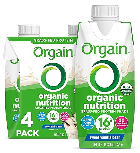 Orgain Batido nutricional orgánico, grano de vainilla, reemplazo de comidas, 0.56oz de proteína de suero alimentada con hierba, 20 vitaminas y