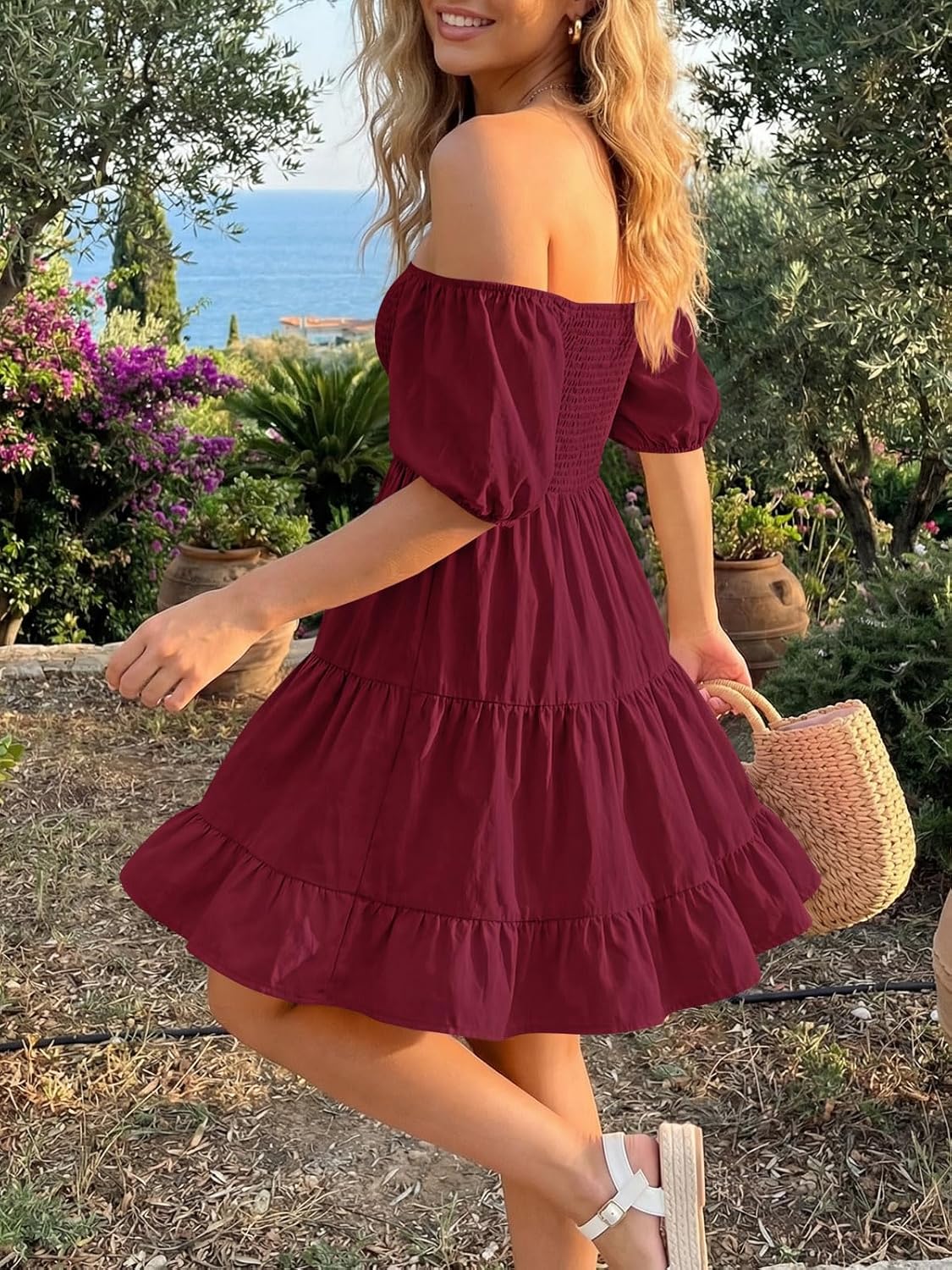 Veatzaer Women's Puff Sleeve Square Neck Smocked Babydoll Dress Boho Floral Print Off Shoulder Ruffle Mini Short Dress - Image 3