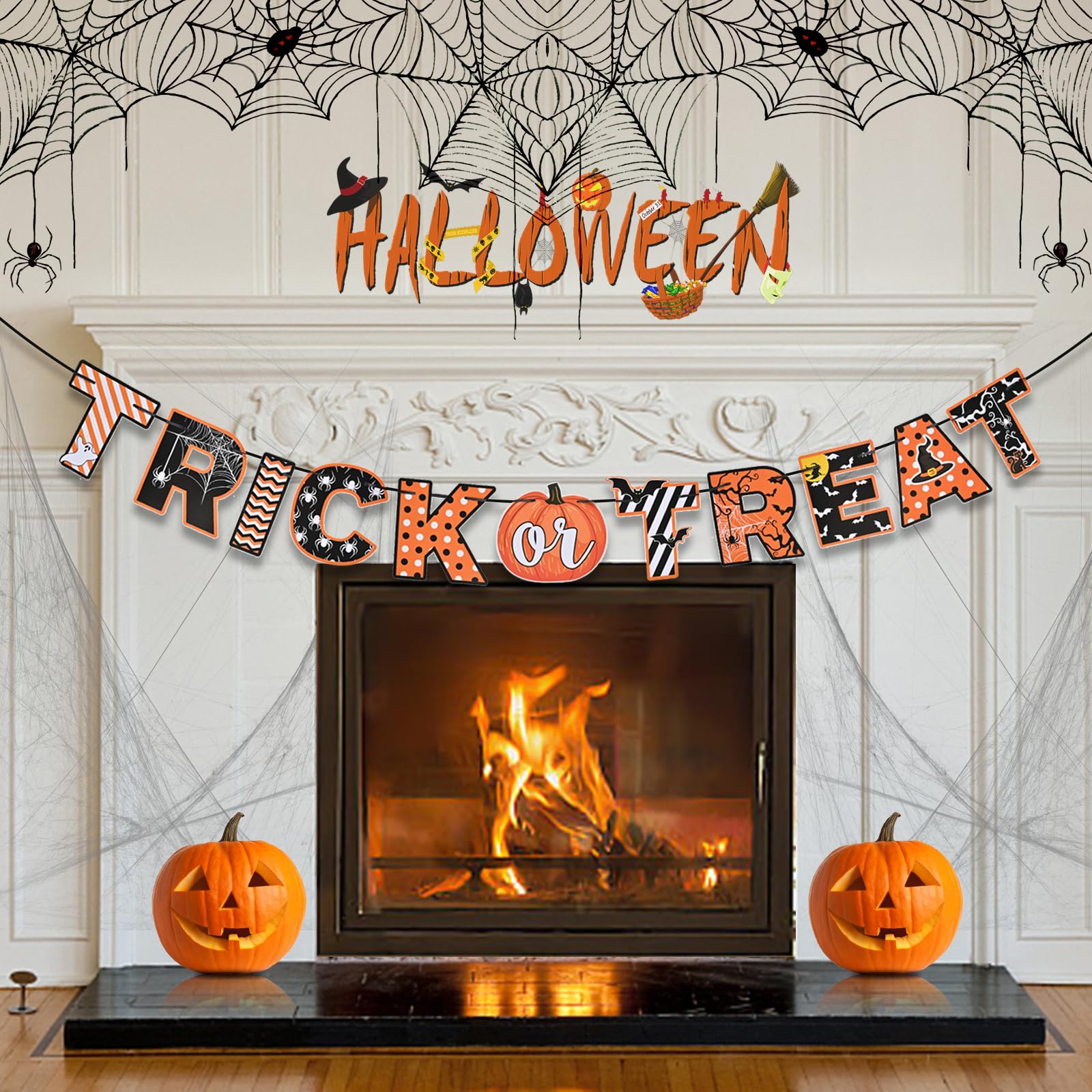 AhfuLife Trick or Treat Banner Bunting for Halloween Party Decorations, Reusable Halloween Indoor Decoration Paper Banner for Home Trick or Treat Garland Decoration