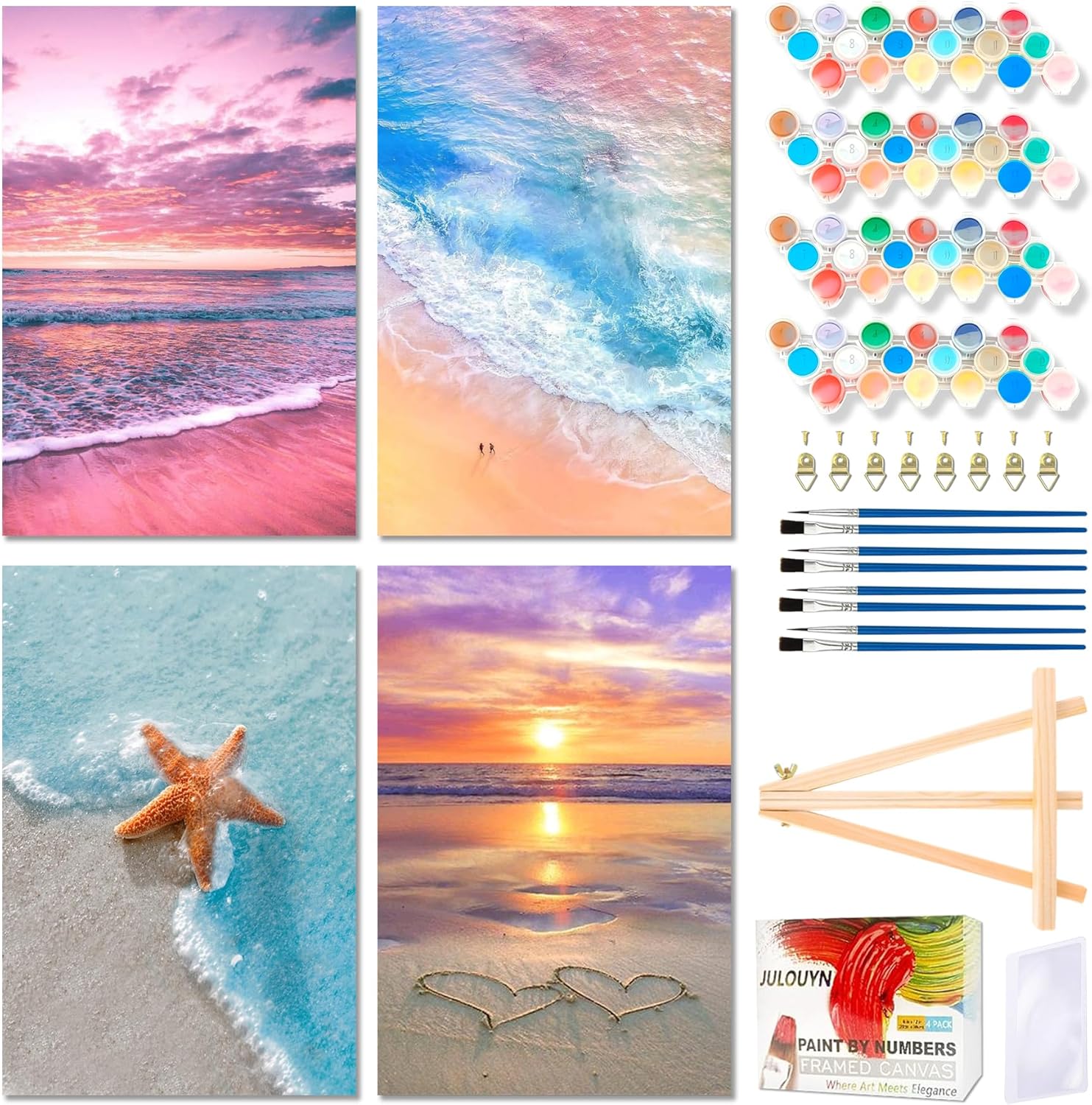 Muzagroo Art 4 Pcs Paint by Numbers Kits for Adults Framed Canvas with Wooden Easel DIY Beach Acrylic Oil Paintings Kits Paint by Numbers on Canvas Wall Art 8x12 inch (Beach)