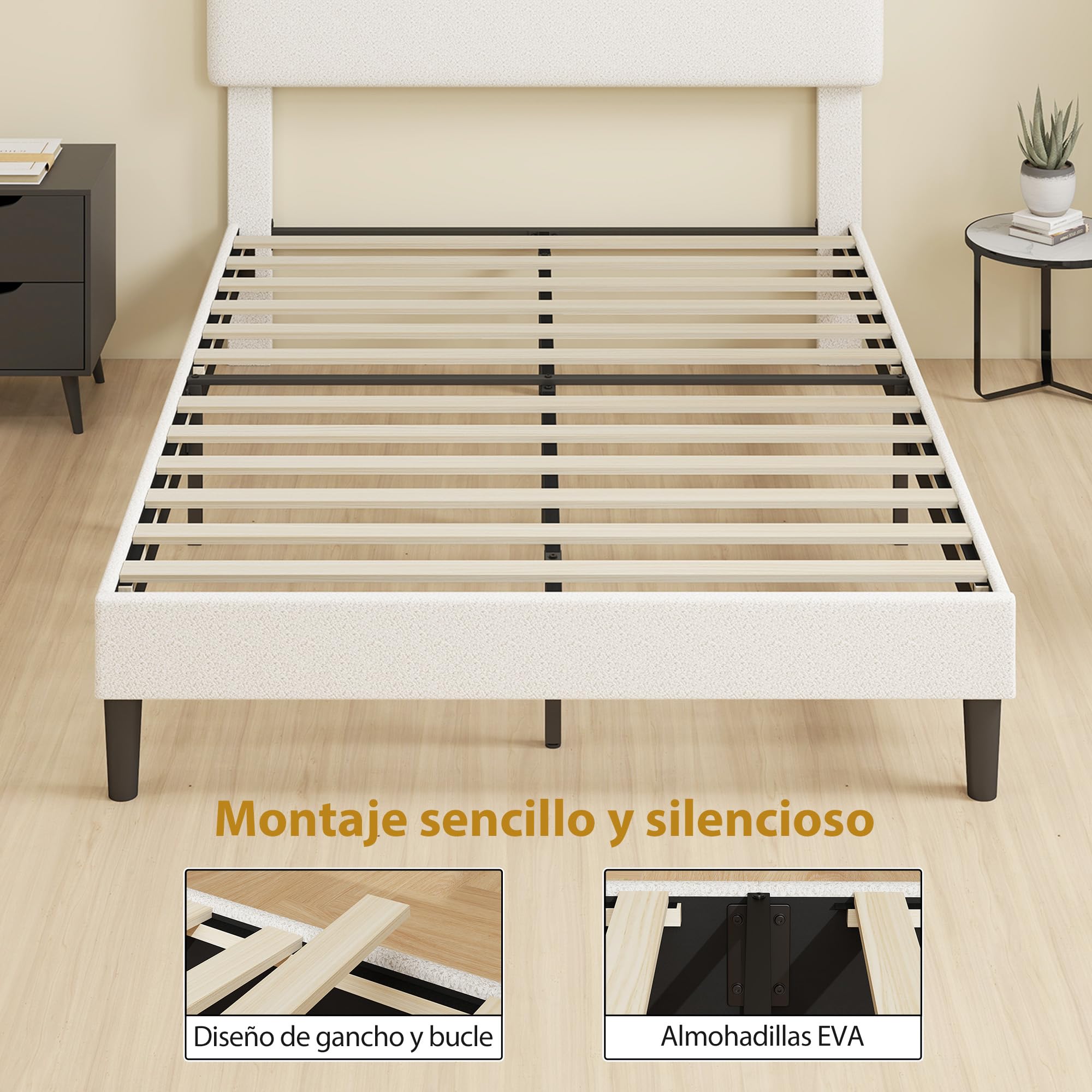 HOMCOM Cama Doble Tapizada en Borreguito, 135x190 cm, Cama Matrimonio con Cabecero Ajustable en Altura, Listones de Madera, Blanco