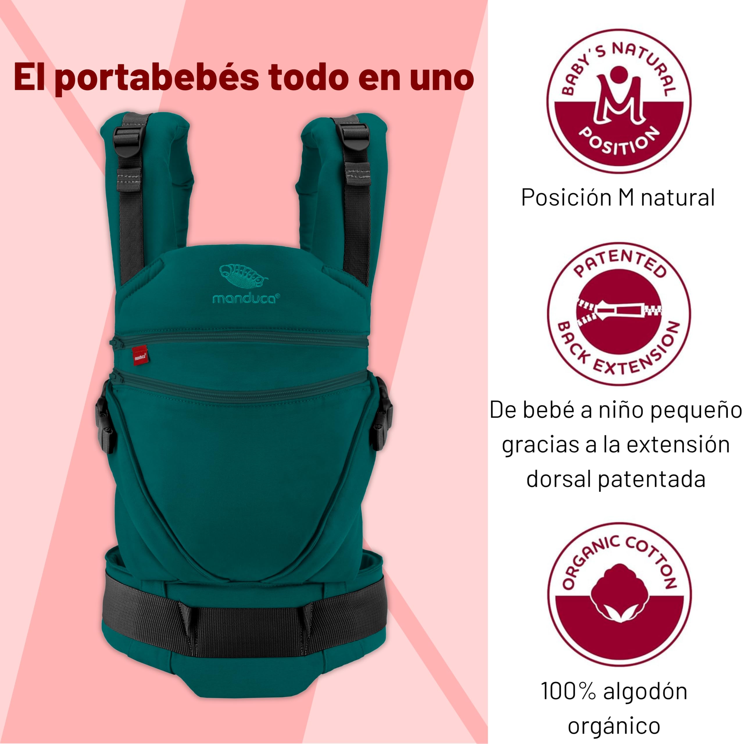 Portabebés Manduca XT, asiento ajustable, apto desde el nacimiento, fabricado en algodón orgánico con 3 posiciones de transporte, Happy Lagoon