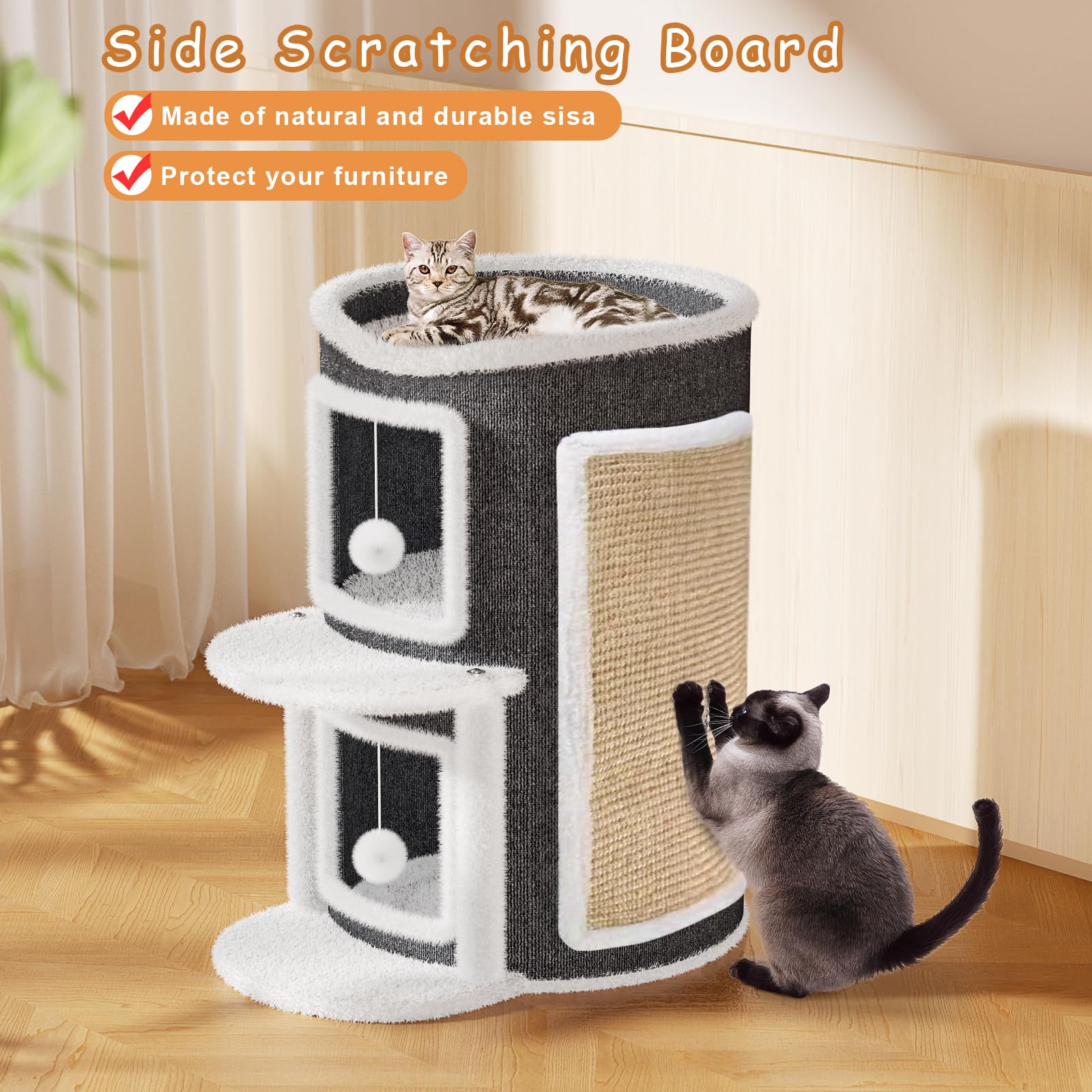 Katzenhöhle Katzenfass, Katzenhaus mit Kratzbrett für Indoor-Katzen,Kratzbaum Klein mit Plattform, Höhle Katzenverstec Katzentonne Katzenbett Katzenmöbel mit Spielball (Grau, 40X50X60CM)