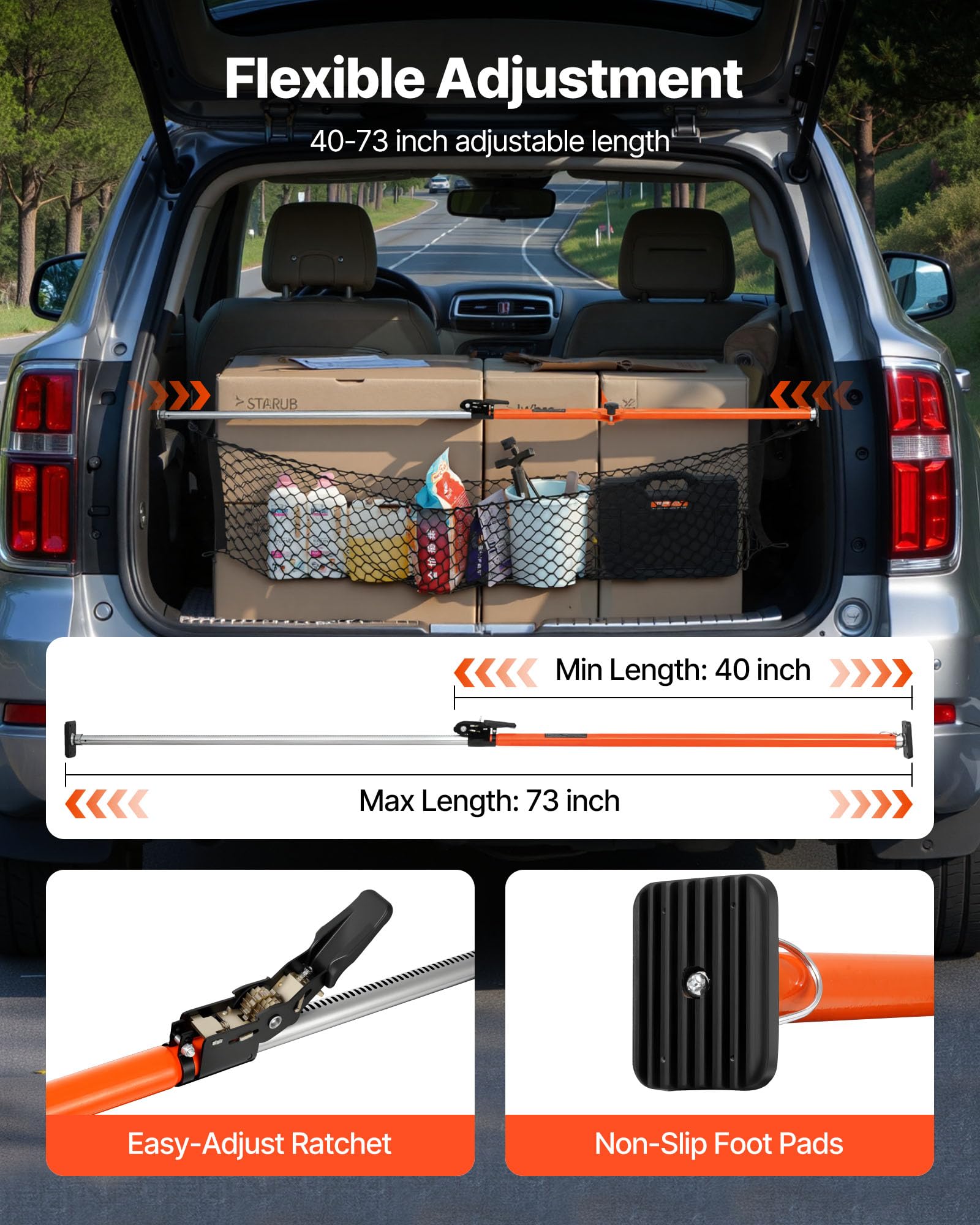VEVOR Barra Fermacarico di Carico a Cricchetto Regolabile 1016-1854 mm, Stabilizzatore di Carico per Cassone in Acciaio con Piedini Antiscivolo, Rete e Barra Divisoria, per Pick-Up, SUV