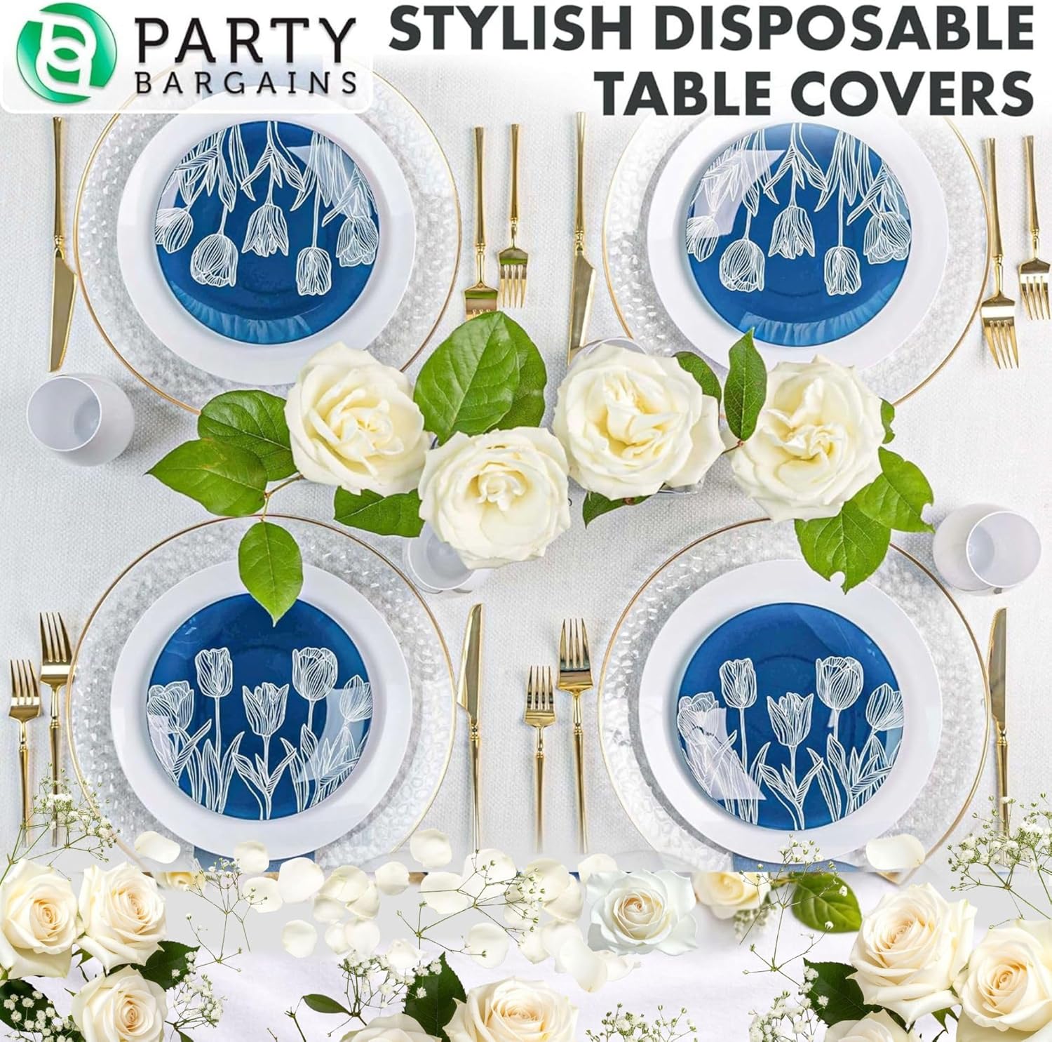PARTY BARGAINS Disposable Table Covers, 54 x 108 Inch, White, 3-Ply Paper & Plastic Spill-Resistant Party Tablecloths, 10 Pack