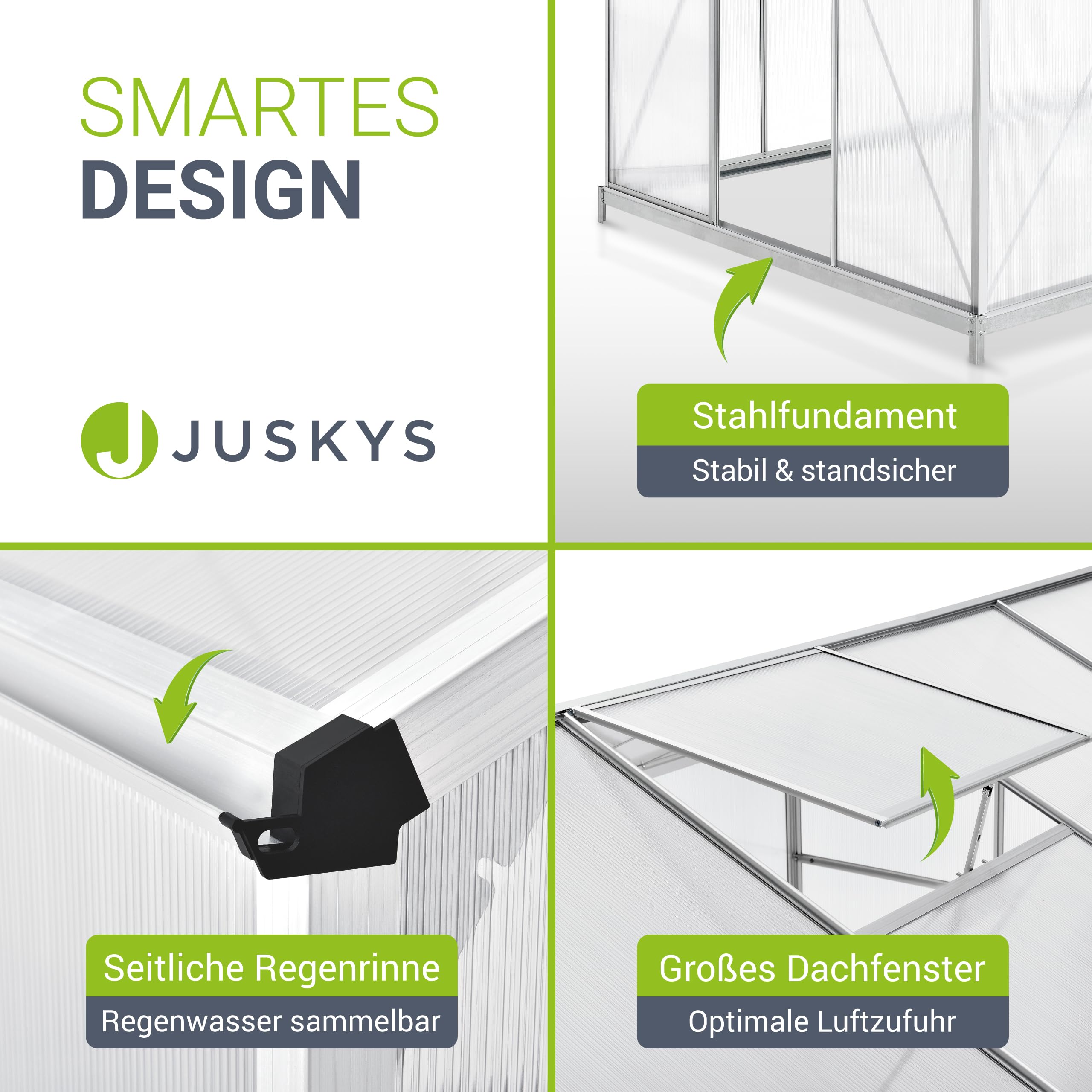 JUSKYS® Aluminium Gewächshaus mit Fundament 4,75 qm - 190 × 253 cm - 1 Dachfenster & Schiebetür - 4 mm Platten - Garten Treibhaus Pflanzenhaus