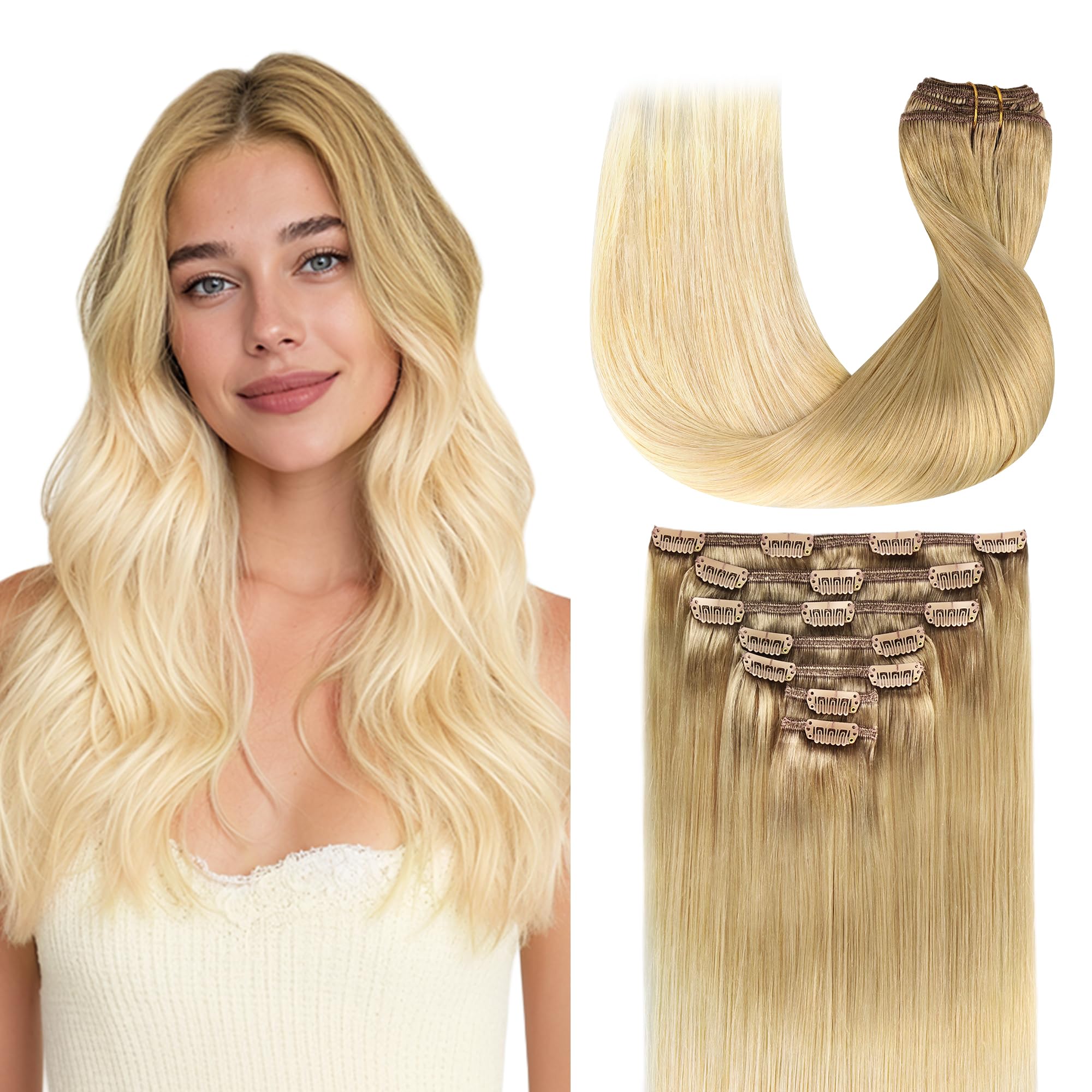 GOO GOO Clip in Hair Extensions Real Human Hair, Remy Human Hair Extensions Clip ins for Women, Natural Human Hair, 16inch 120g 7Pcs, #O7/60F