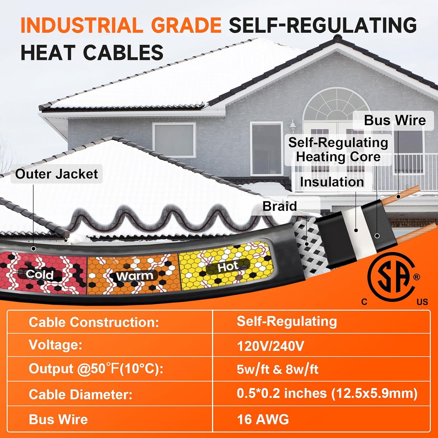 Cut-to-Length Roof & Pipe Heating Cable – YeloDeer Professional Bulk Roll, 5W/ft 240V 500Ft Self-Regulating CSA for Electricians and Installers (Requires End Seal & Power Cord Kit)