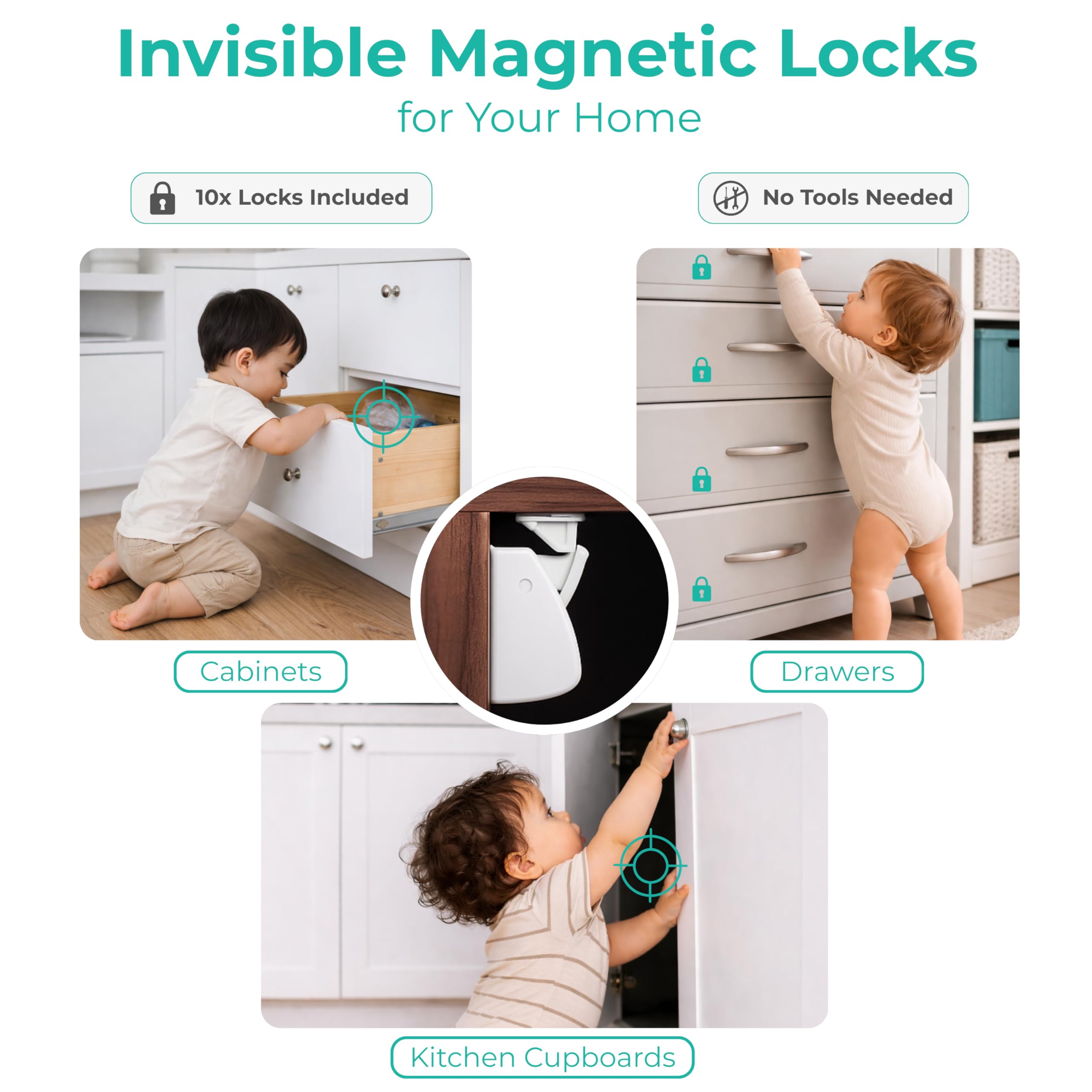 Verrous de placard pour enfants | (32 pièces) Kit de sécurité pour bébé | Serrures enfants pour armoires de cuisine | Serrures de tiroir | Protections d'angle | Couvercles de prise UK | Verrou de four