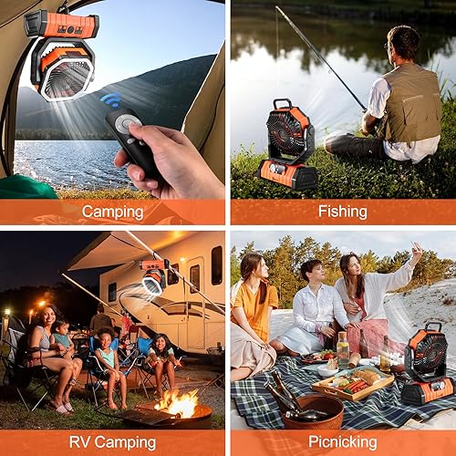 Miniatura 2 de Odoland Ventilador oscilante de campamento de 30000 mAh con linterna LED, funciona con batería recargable, ventilador portátil para tienda de