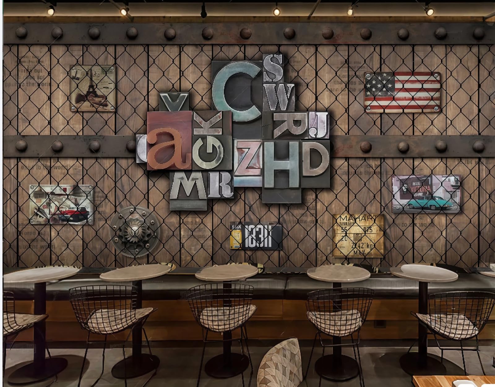 Nostalgiczna tapeta retro drut kolczasty angielskie litery bar centrum handlowe zachodnia restauracja tło ścienne popołudniowa herbata kawa tapeta, 3D, 350x245cm
