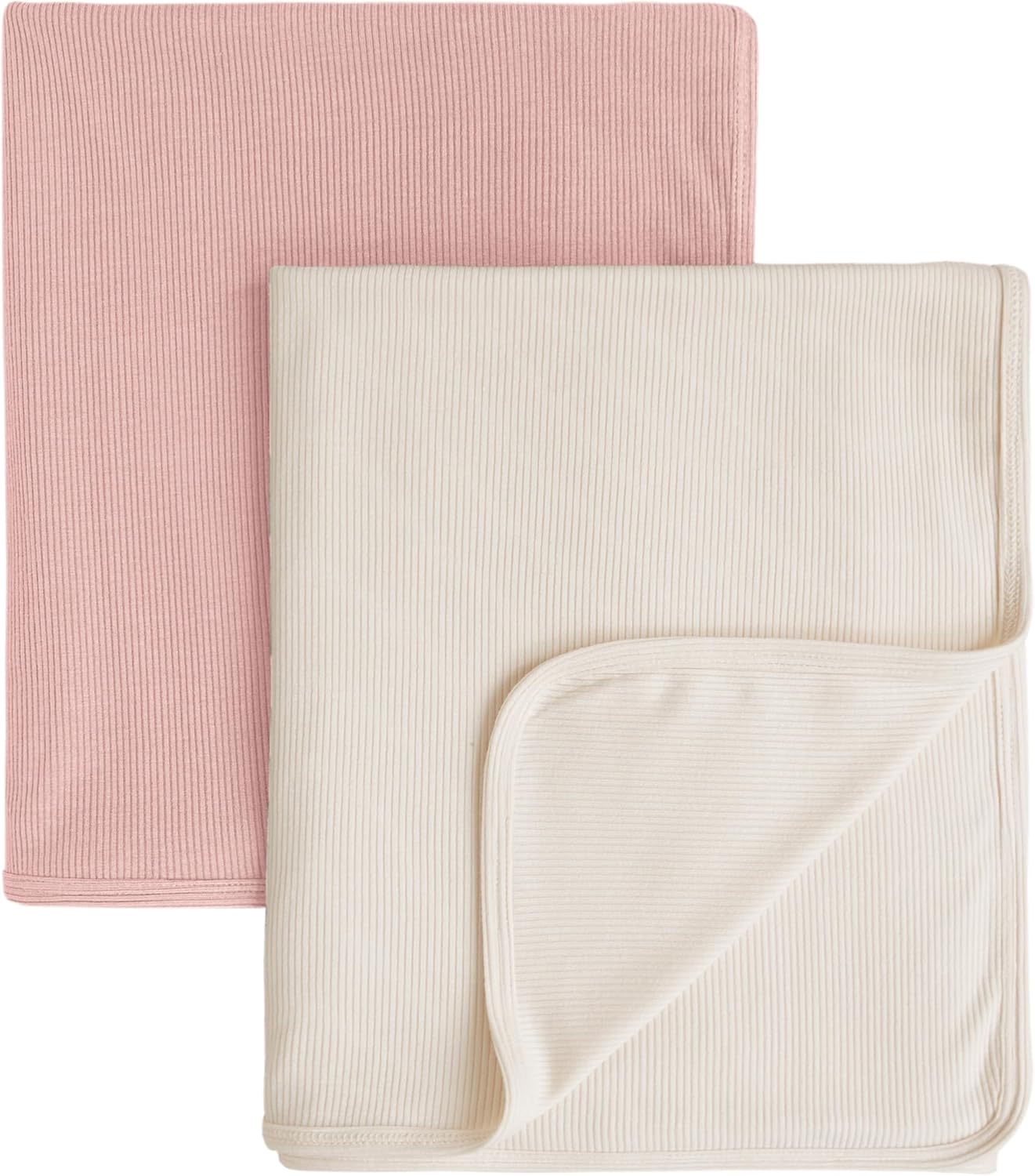 Konssy Knit Baby Blanket 2 Pack, Soft Ribbed Swaddle Receiving Blankets for Boys & Girls, Lightweight Cozy Swaddling Wrap for Newborns, Infants, & Toddlers, 33×42 Inch (Pink,Beige)
