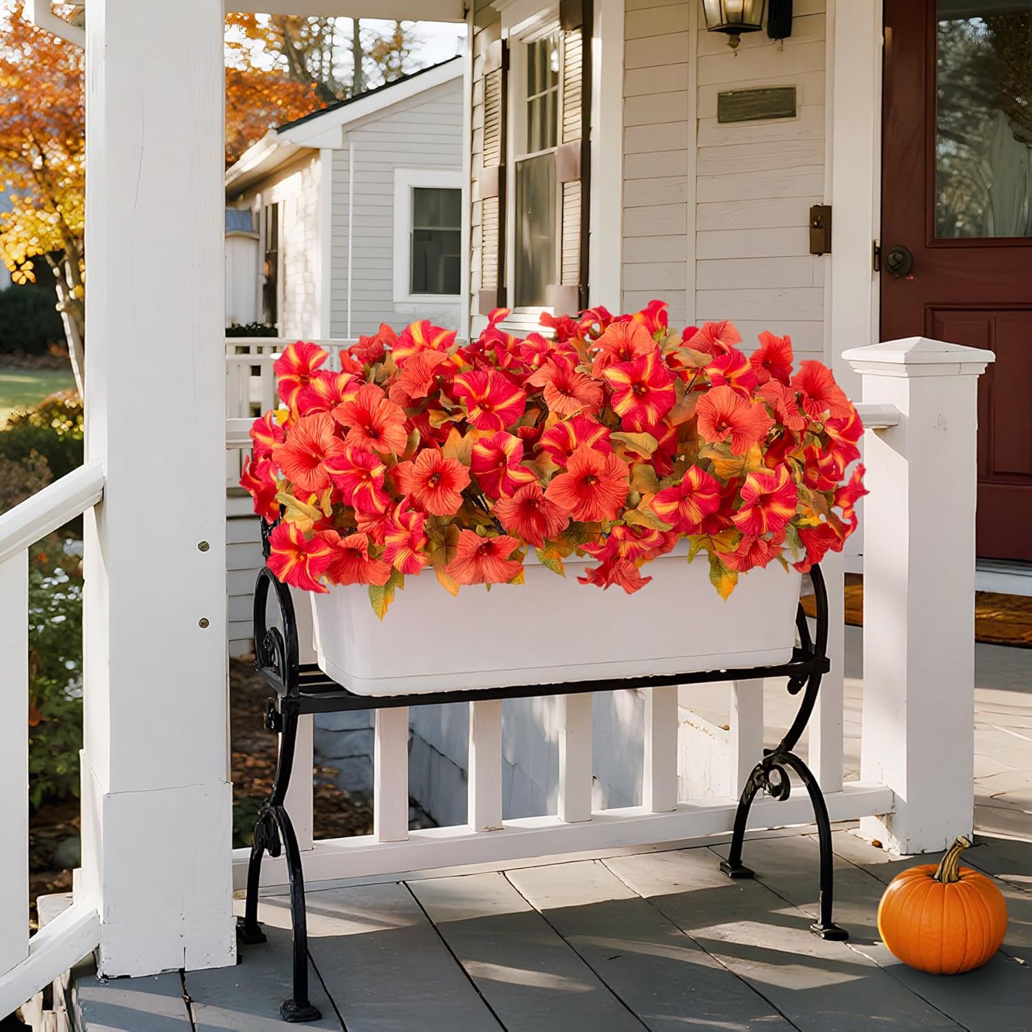 8 Bundles Fake Fall Flowers Artificial Plants for Outdoor Decorations, Faux Fall Petunias Flowers for Outside UV Resistant Realistic Planters for Garden Porch Patio Indoor Autumn Decor(Orange Red) - Image 2