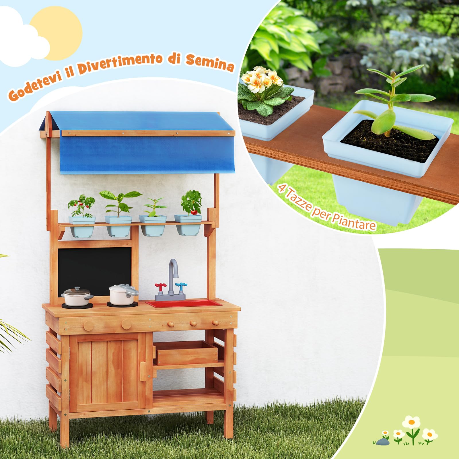 RELAX4LIFE Cucina Giocattolo per Bambini, Cucina da Esterno in Legno con Lavagna, Fornelli, 4 Vasi per Piante, Tenda Regolabile in Altezza, Gioco d'imitazione per Bambini 3+ Anni