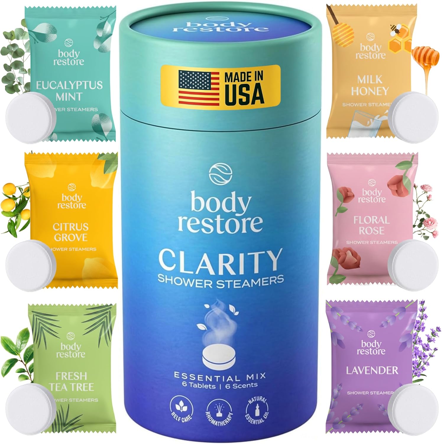 Body Restore Shower Steamers Aromatherapy 6 Pack – Valentines Day Gifts for Her and Him, Birthday Gifts for Women and Men, Relaxation, Stress Relief, Self Care – Clarity