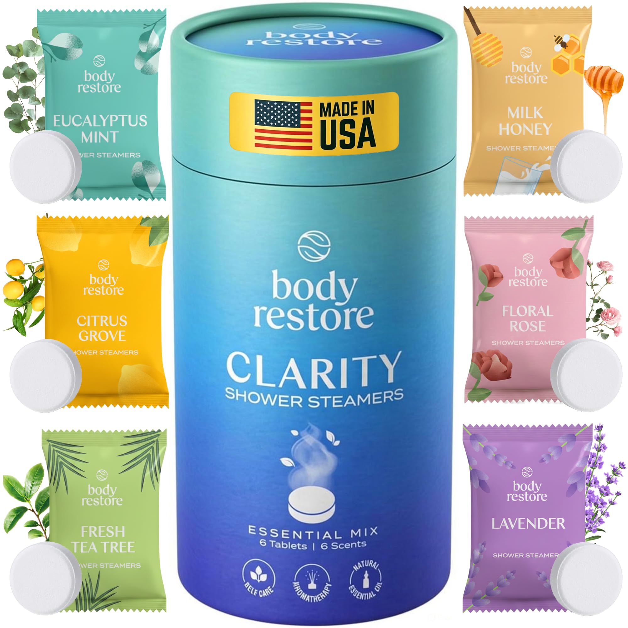 Body Restore Shower Steamers Aromatherapy 6 Pack - Birthday Gifts for Men, Women, Dad Gift, Stress Relief, Relaxation, Self Care - Clarity