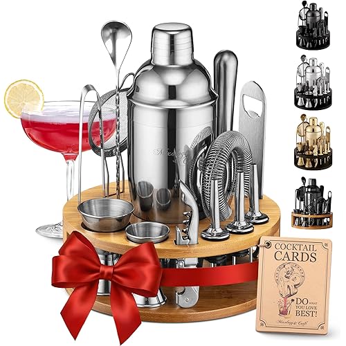 Mixology & Craft Bartender Kit – 15 Piece Cocktail Shaker Set with Bamboo Stand | Complete Cocktail Kit Gift Set | Top Bartender Gifts for Men & Women | Exclusive Recipe Cards (Silver)