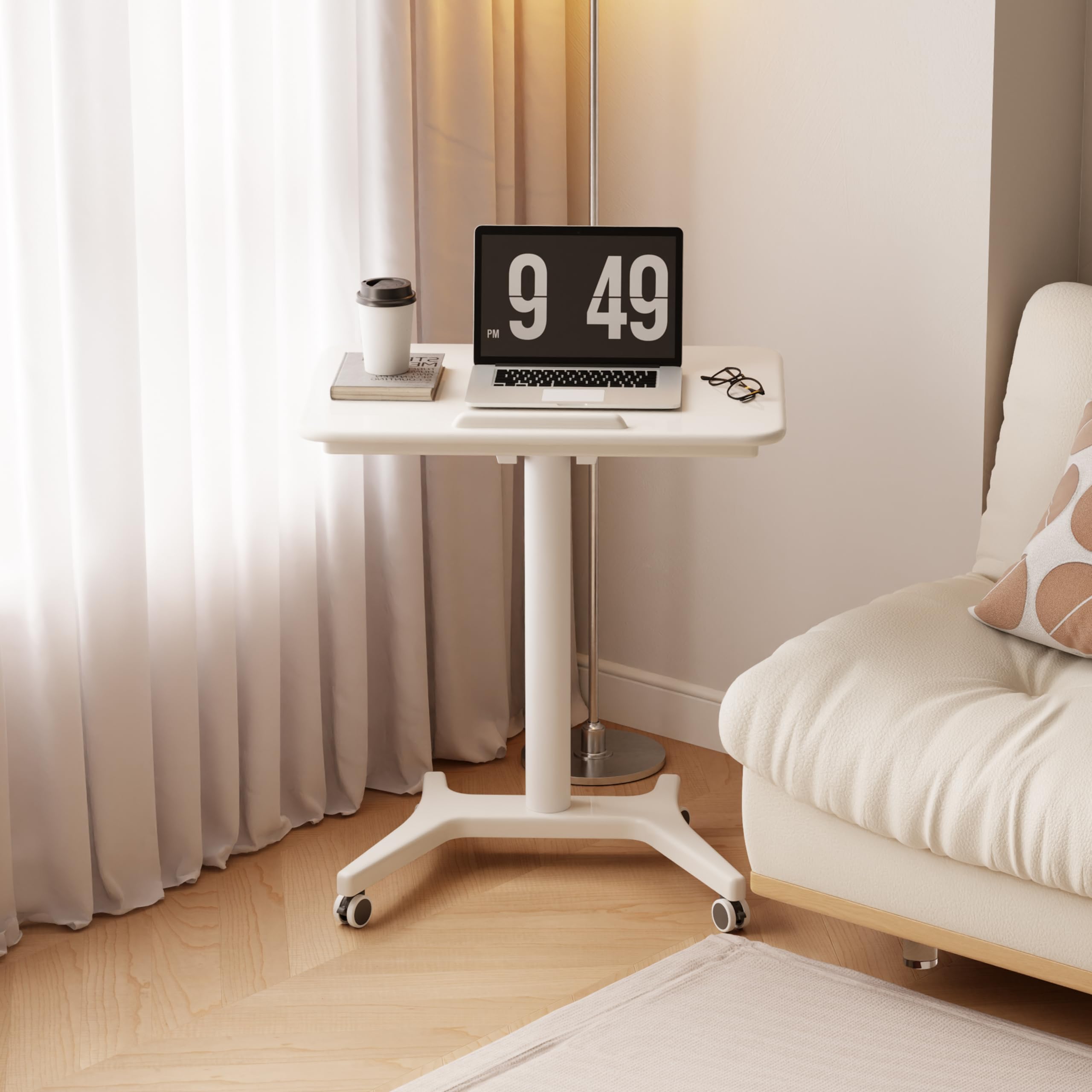 Small Standing Mobile Desk with Wheels, Rolling Desk Adjustable Height, 90°Tiltable Portable Desk, Mobile Desk Workstation for Office, Bedroom, Gallery, White