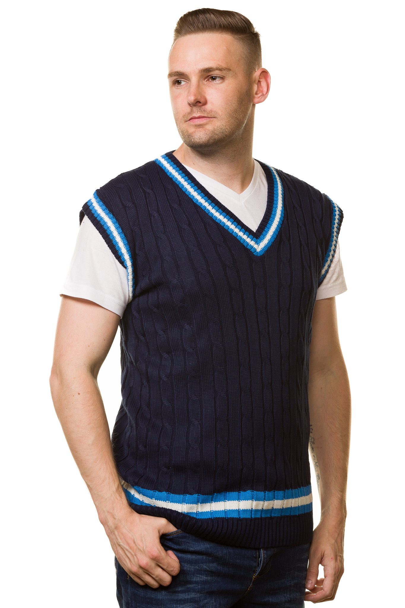 Bay eCom UK Mens Cricket Jumper V Neck Sleeveless Casual wear Cable Knitted  Tank top S to XL