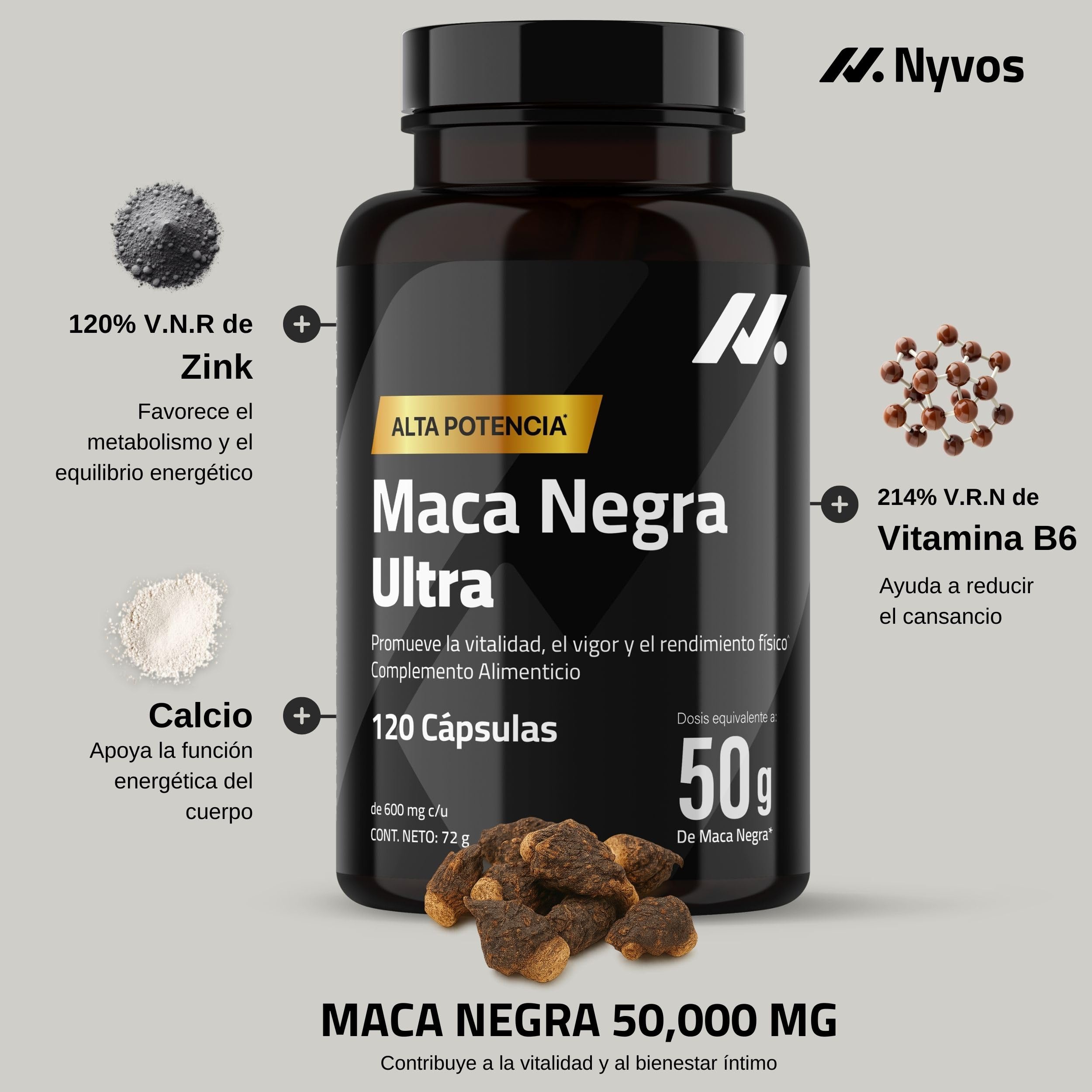 Maca Negra Ultra 50.000 mg (concentrado 100:1) - Vitalidad Masculina y Energía - con Extracto estandarizado, Zinc, B6 y Calcio - vegano, sin cafeína - 120 Cápsulas - Nyvos