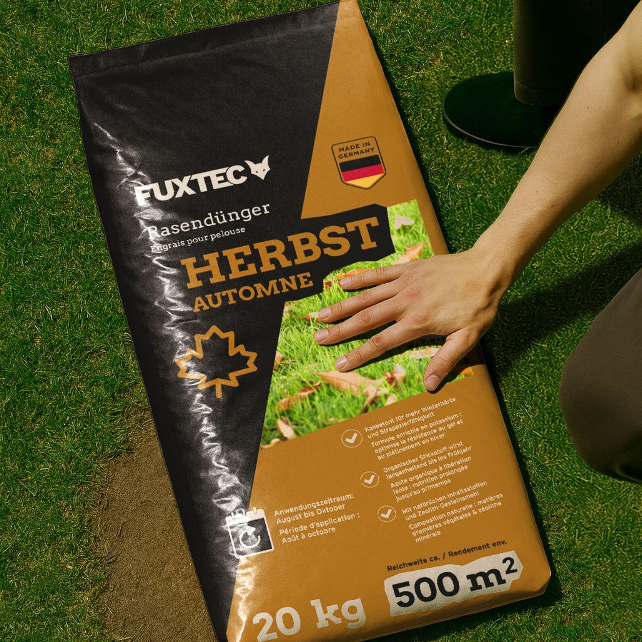 FUXTEC Abono césped alto en potasio FX-RDH20 • 20 kg hasta 500 m² • Ideal para otoño e invierno • Refuerza contra heladas • Liberación controlada • Fabricado en Alemania