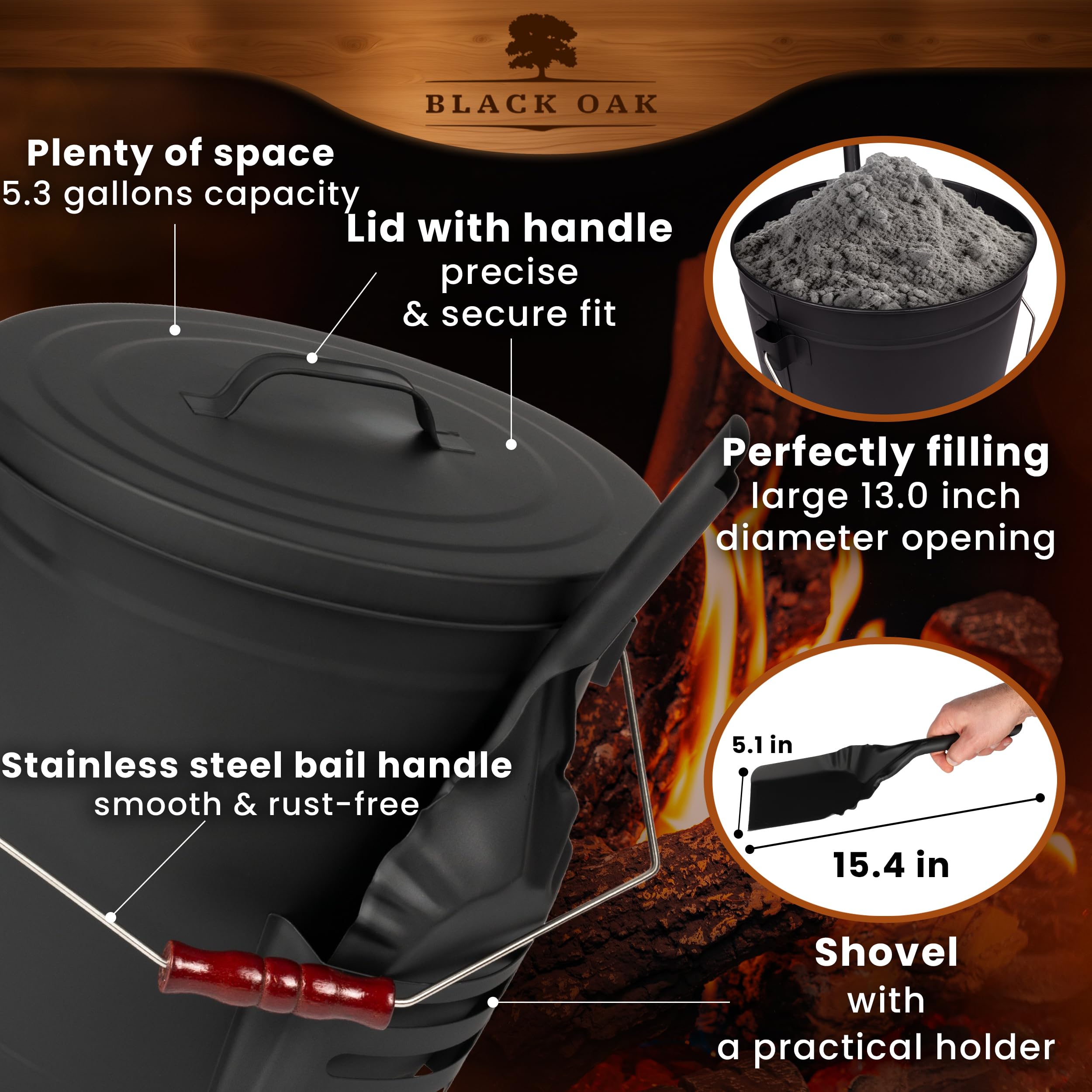 BLACK OAK Secchio per cenere Stromboli 5.3 GAL - Nero con coperchio, pala e guanti - Manico argento - Grande 20L, Acciaio zincato ignifugo e verniciato a polvere, cenere e carbone, camino, stufa in
