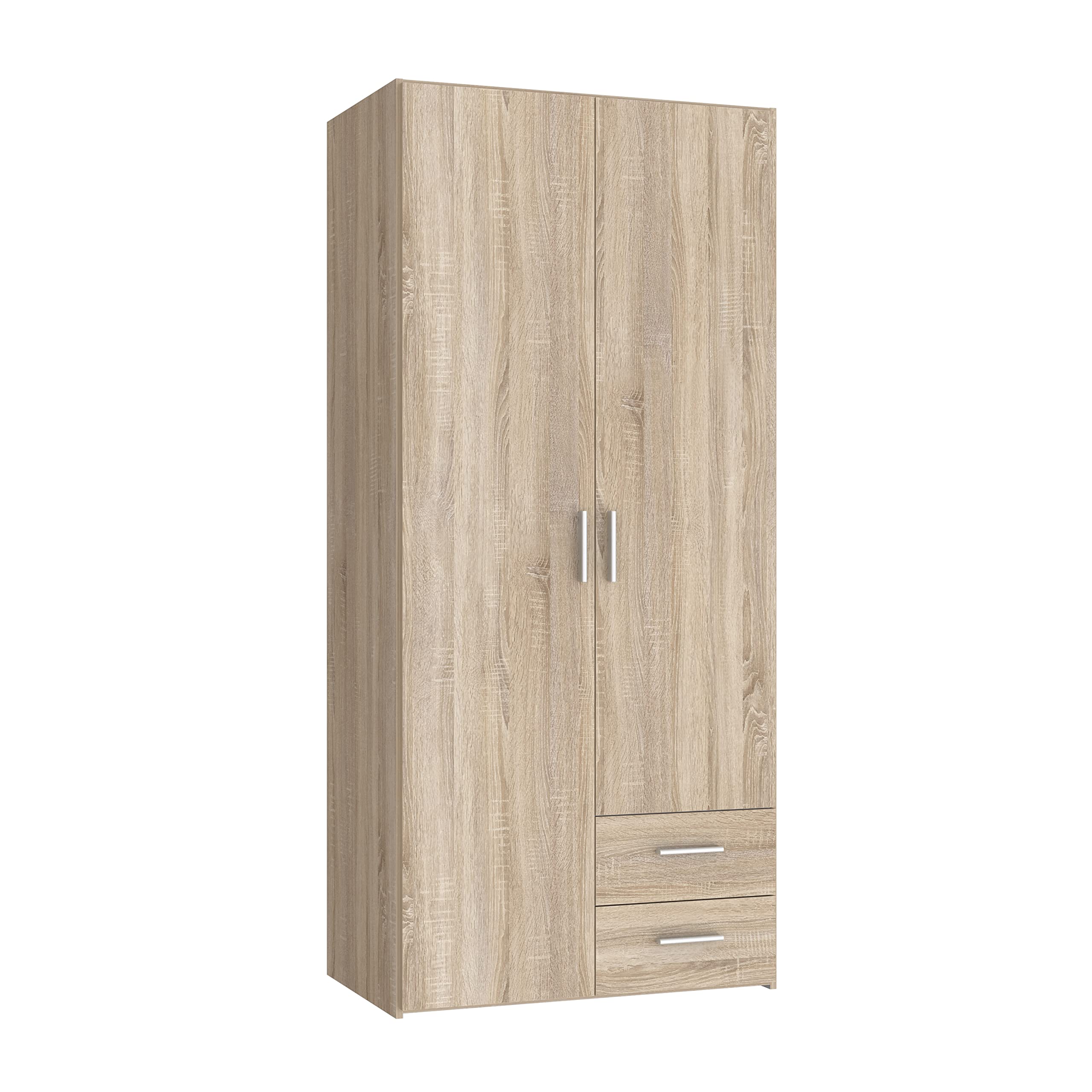 FORTE TELANE Kleiderschrank 80 90, Moderner Kleiderschrank, 2-türig, 2 Schubladen, Drehtürenschrank, Holzwerkstoff, Weiß/Beige, 87,9 cm breit x 195 cm hoch x 53,9 cm tief