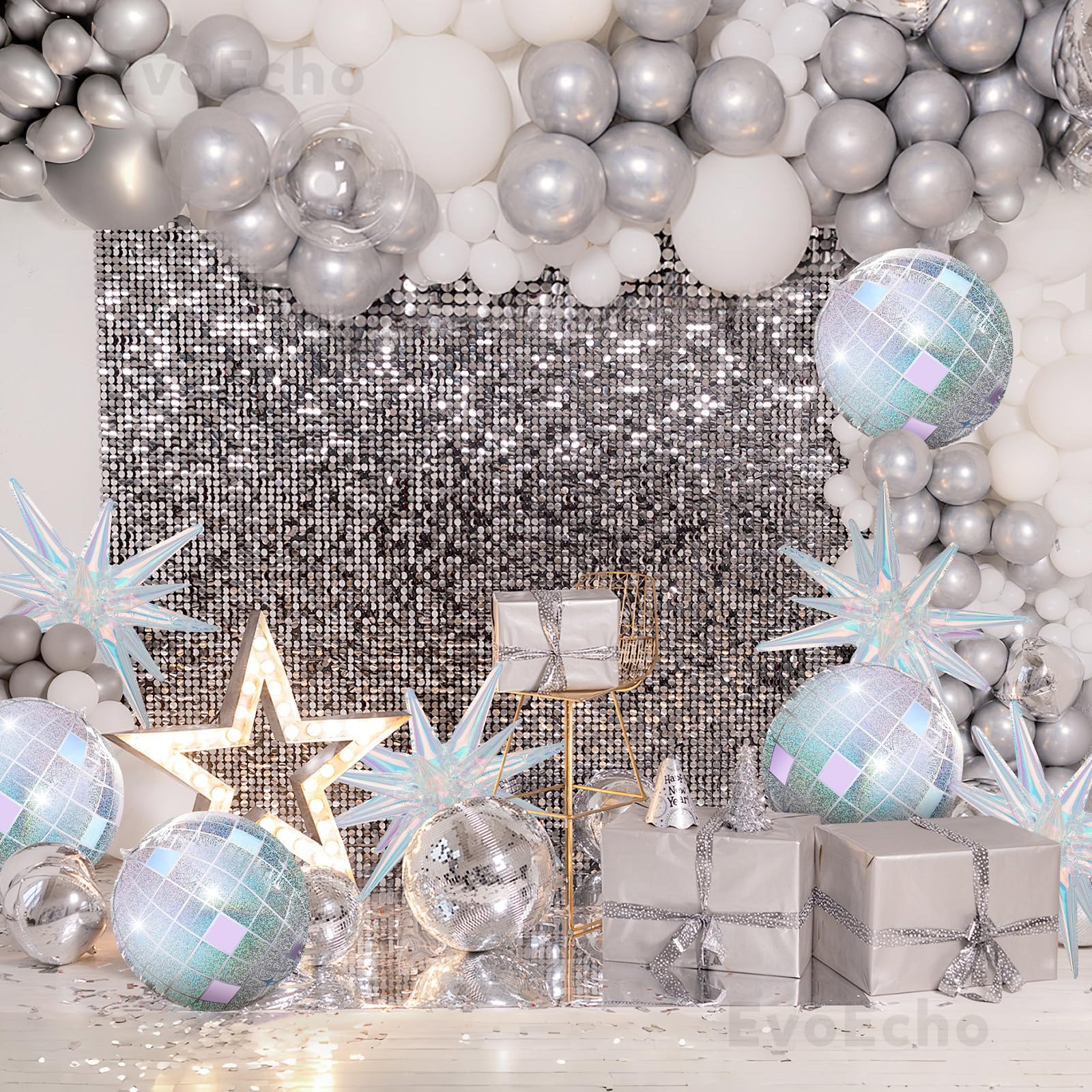 121-Piece Disco Party Decorations Kit - Silver & White Balloon Arch With Sequin Backdrop