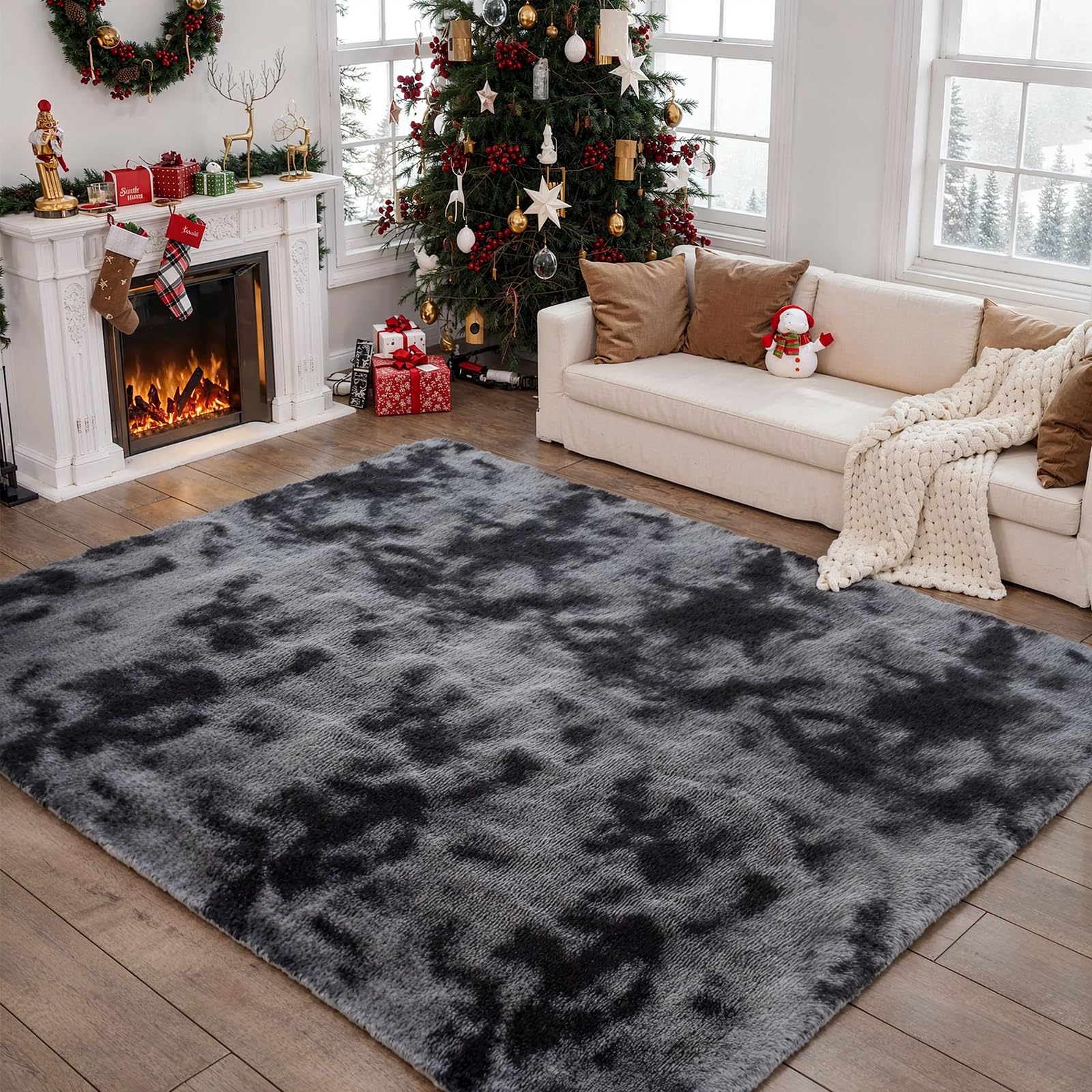 jianandi Alfombra de Salón, Alfombras Suaves y Mullidas para Dormitorio, Alfombra de Cabecera Lavable de Pelo Alto, Alfombra Relax para Salón y Dormitorio, Tie-Dye Gris Oscuro, 160cm×230cm