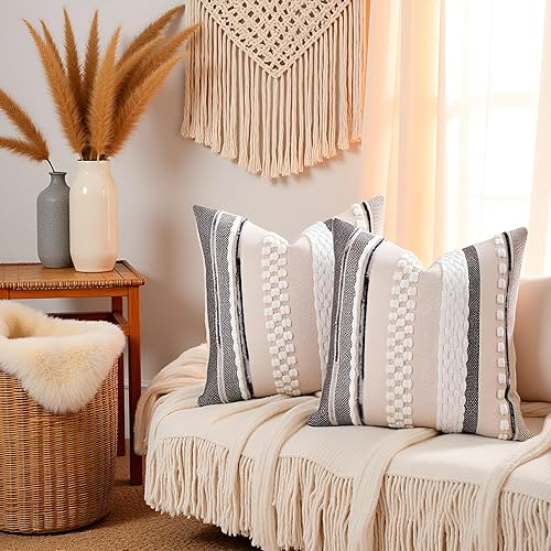 Miniatura 5 de Tosleo Fundas de almohada decorativas tuftadas boho de 18x18, juego de 2, fundas de almohada decorativas a rayas, fundas de almohada de chenilla