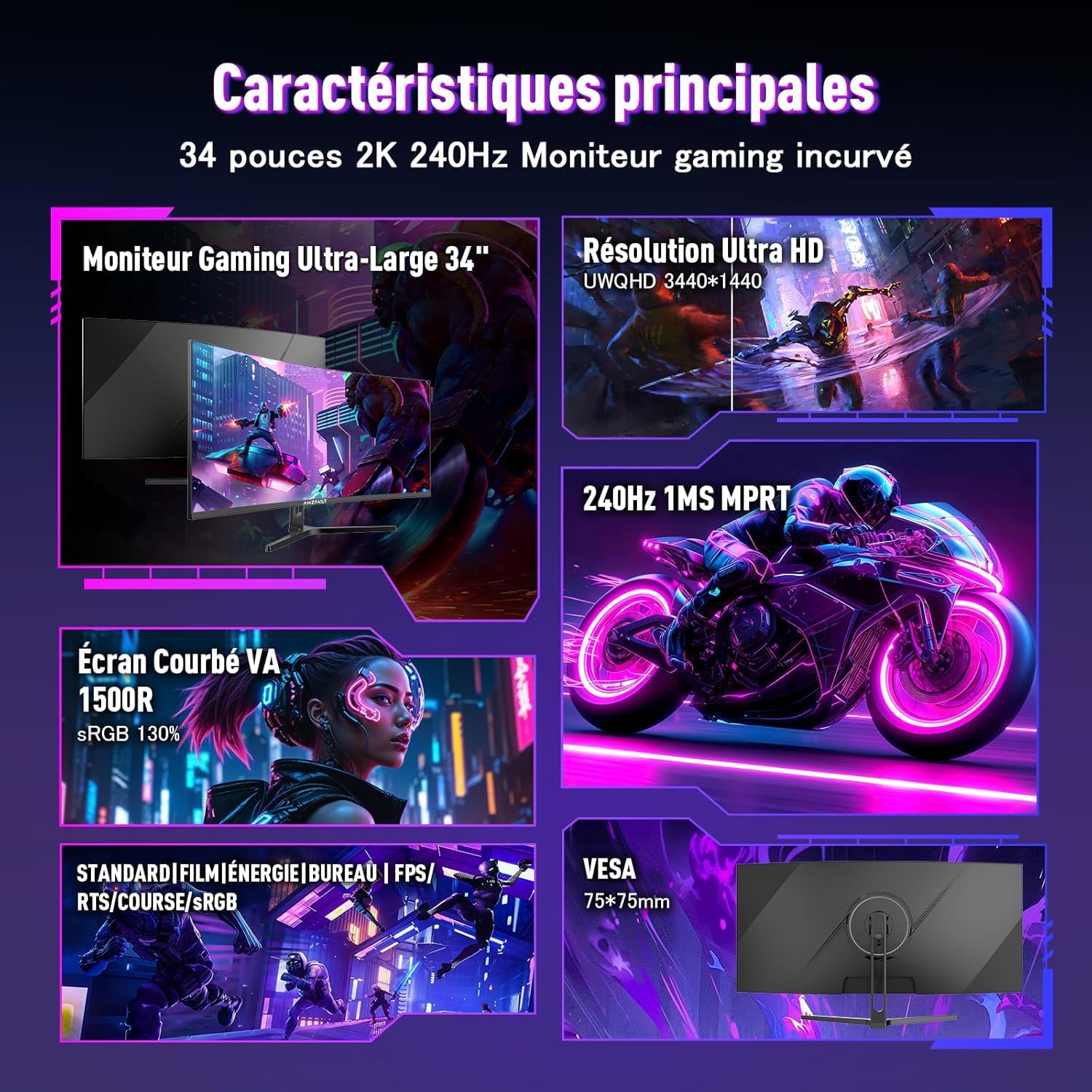 Amzfast Écran PC Gamer 34 Pouces 240Hz/UWQHD Moniteur Incurvé 3440x1440 (21:9), 450 nits, Eyes Care, sRGB 130%, Adaptive Sync, HDR400, HDMI 2.1x2, DP 1.4x2, VESA 75x75, PIP/PBP, AMZG34C5QPro