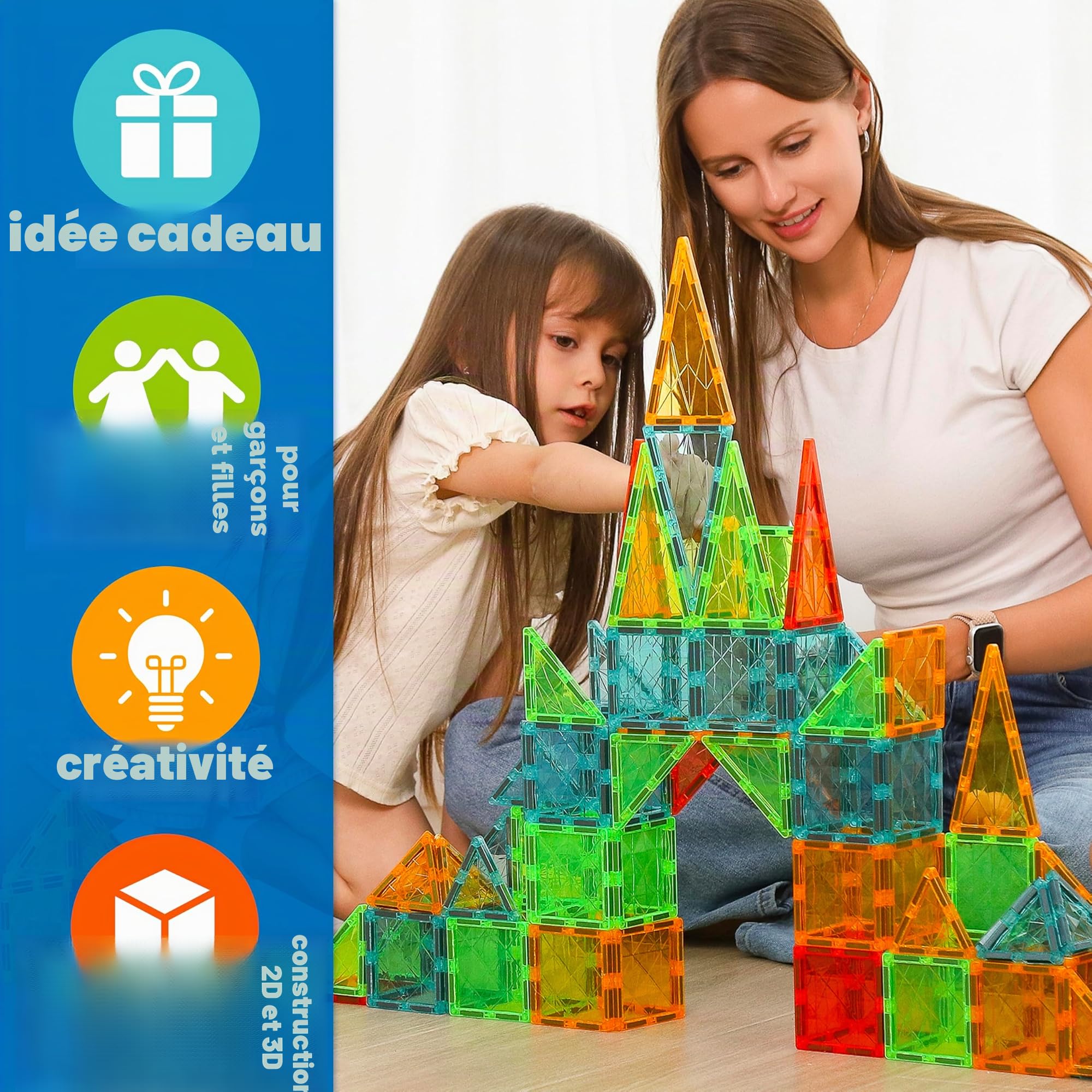 Geomag - Magnetic Tiles Gems 60 Pcs, Construction Magnetique Enfant, Tuiles et Bloc de Construction Magnétiques 4 Formes, Jeux Enfant 3 Ans +, Jeux Éducatifs Montessori STEM, Cadeau Noël Anniversaire