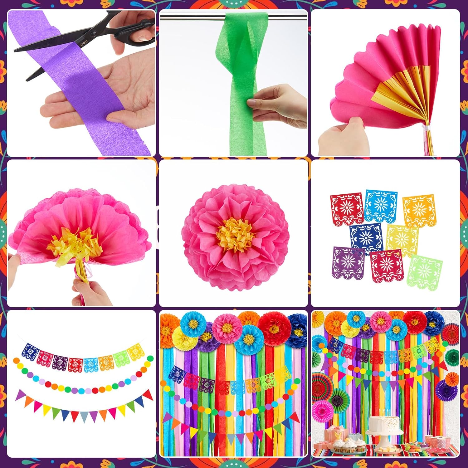 Epakh 29 Pcs Cinco De Mayo Decorations Mexican Fiesta Party Decorations, Paper Fans, Flowers, Table Runner, Banners, Streamers, Pom Poms for Mexican Party Decor Hispanic Heritage Month Decor