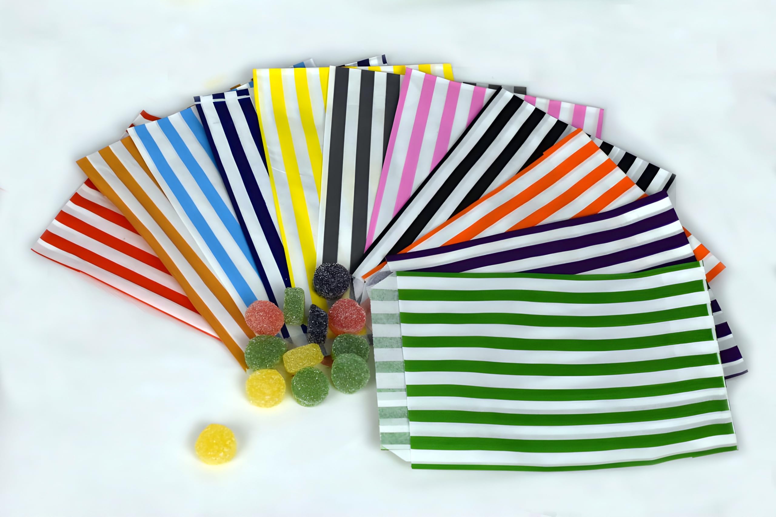 100 5" x 7" Mixed All 10 Colours Striped Candy Sweet Paper Bags | Wedding Buffet Favour Cake Gift Pick n Mix Shop | Premium Quality UK Made