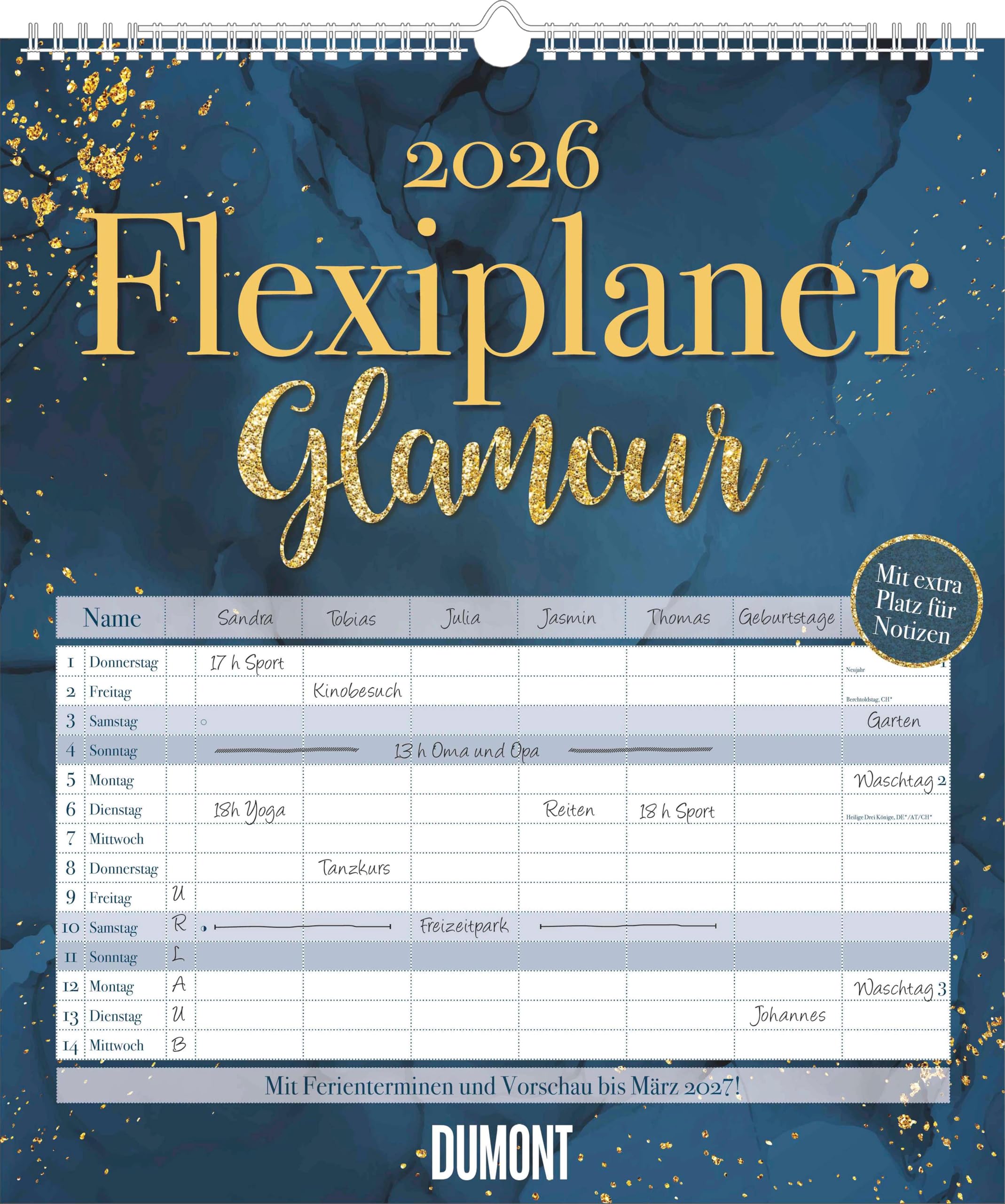 DUMONT - Flexiplaner Glamour 2026 – Familienplaner 35x40 cm – Wandkalender mit 7 Spalten, Mondphasen & Datumsstickern, stilvoll organisiert