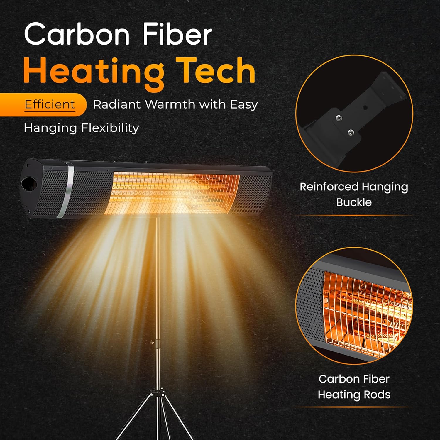 Outdoor Carbon Fiber Infrared Patio Heater - 800/1300/1500W, Tripod Stand or Wall Mount, IP65 waterproof, Remote Control, Silent & Energy-Saving for Balcony, Backyard, or Patio