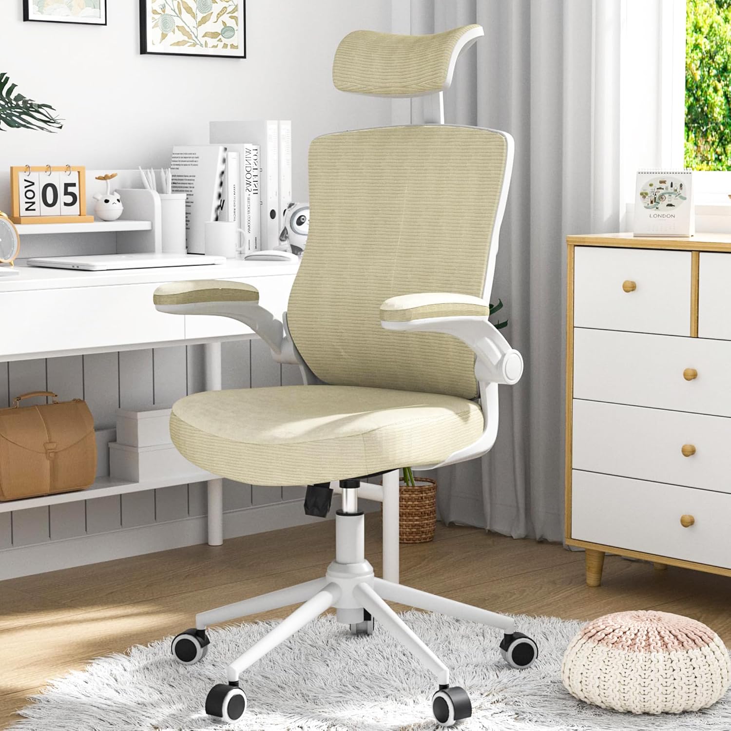 ???? ?????? ?????, Ergonomic Mesh Desk Chair, High Back Computer Chair- Adjustable Headrest with Flip-Up Arms, Lumbar Support, Swivel Executive Task Chair (Modern, Beige) Beige Modern