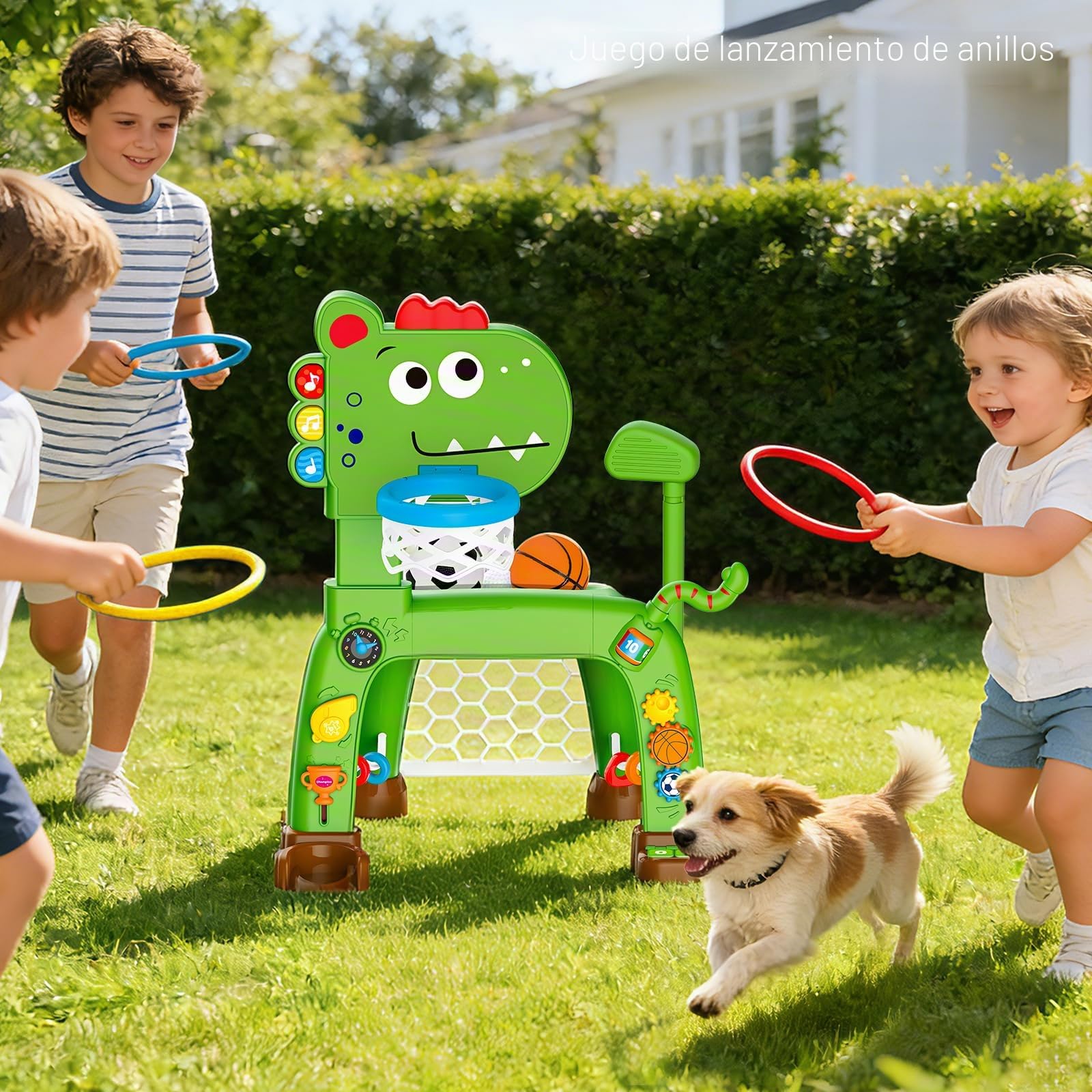 4 en 1 canasta de baloncesto y portería de fútbol para niños pequeños, juguete para bebé con juego de golf y juego de lanzamiento de anillos, juguete de dinosaurio para niños y niñas de 1, 2, 3 años