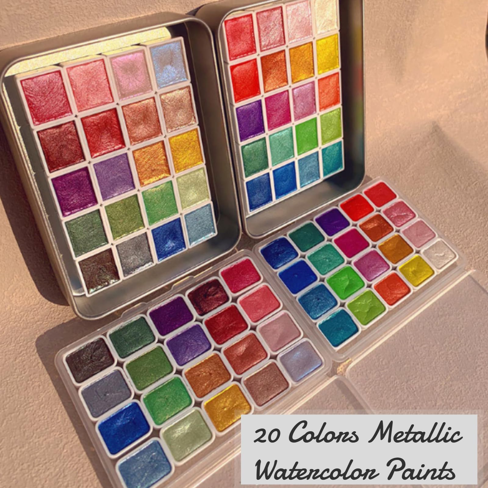 Gbbazu Metallic Watercolor Paints, Upgrade 20 Colors Watercolor Painting Set, Metallic Water Color Paint Set, Glitter Watercolour Solid Paint Box Palette for Adults Kids Beginners Artists (1ML B)