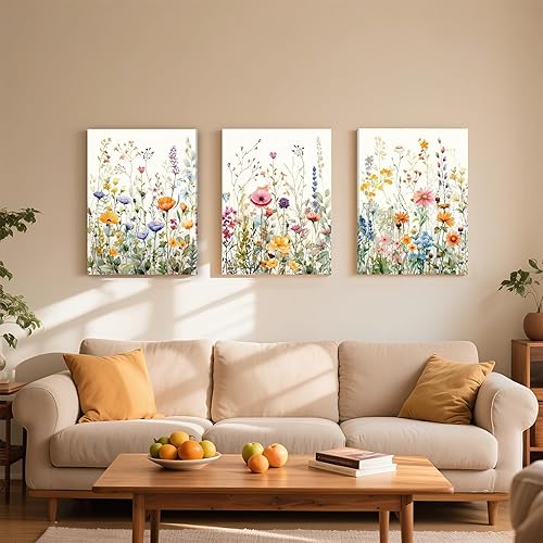 Miniatura 2 de WRFON Juego de 3 lienzos de flores silvestres para pared, impresiones florales botánicas sin marco, lienzo de flores de prado para sala de estar,