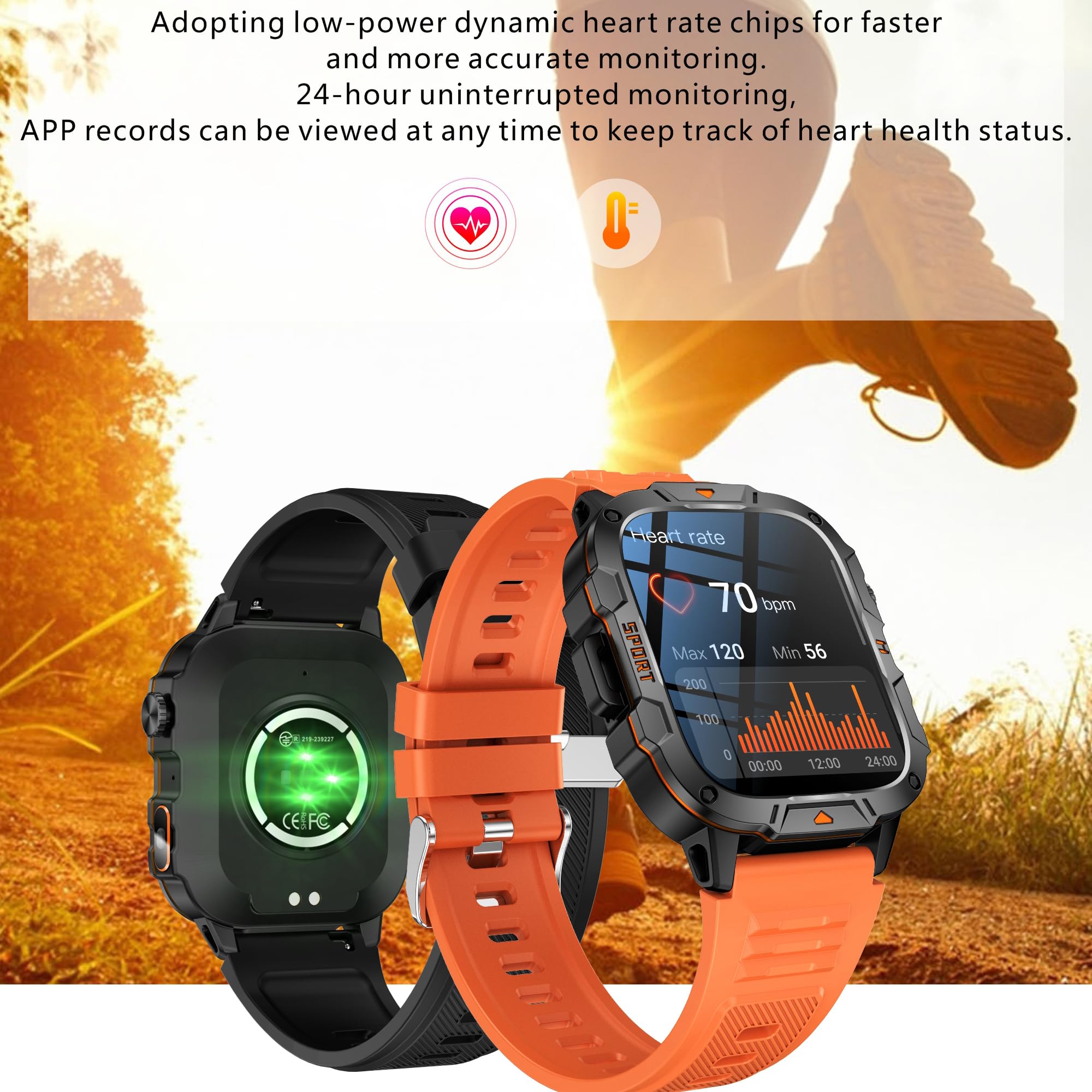 1,96" AMOLED Smartwatch Herren mit Telefonfunktion, Taschenlampe, Sportuhr mit Bluetooth Anrufe mit Schrittzähler, 5ATM Wasserdicht Smart Watch für iOS Android(2 Armbänder) (Orange)