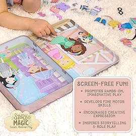 Story Magic Dress-Up Dolls Playset, Pretend Play Magnetic Case, Magnet Outfit and Accessory Pieces, Great for Travel or Playdates, Magnetic On The Go Activity Set for Ages 4, 5, 6, 7 , Pink