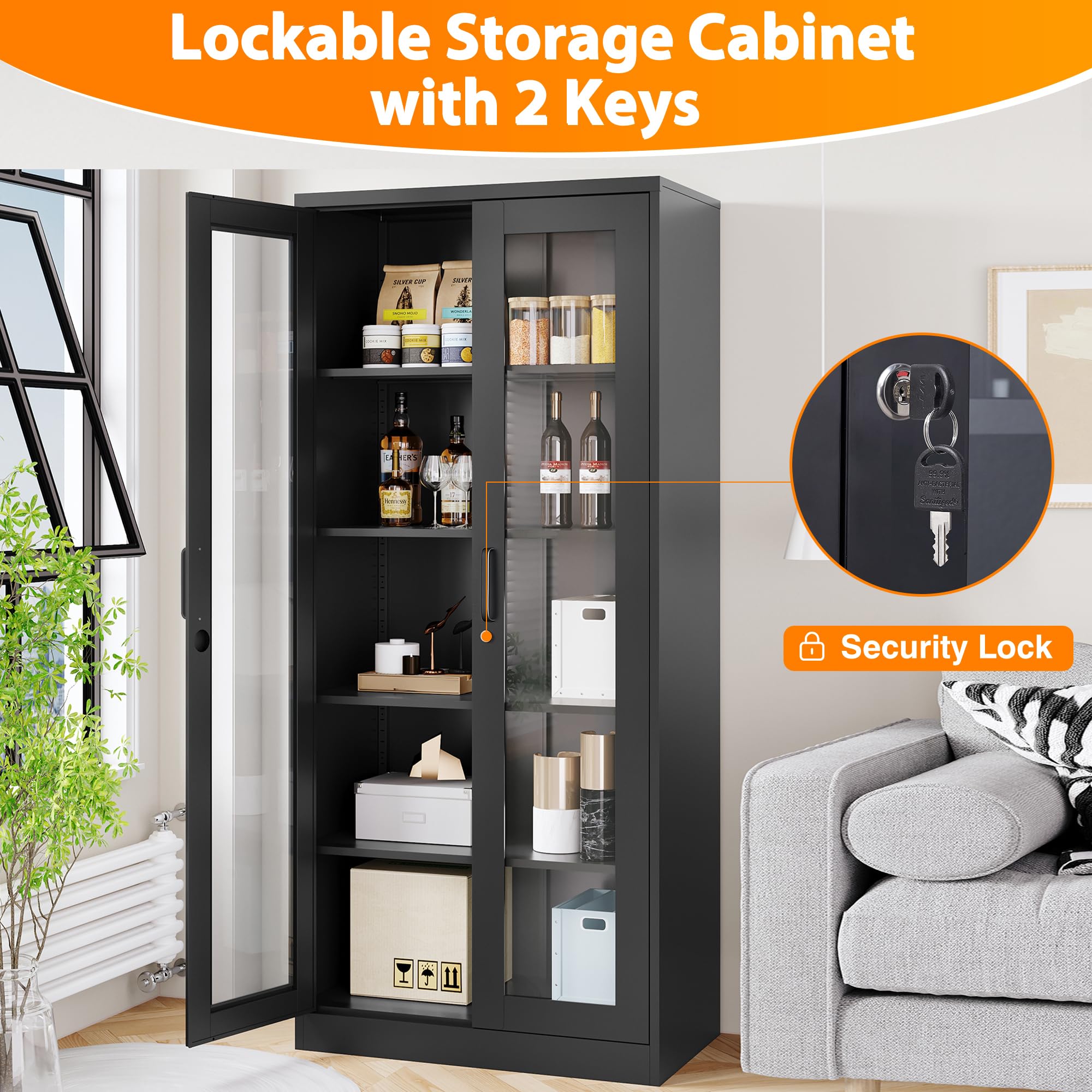LISSIMO 71'' Glass Display Cabinet, Metal Storage Cabinet Bookcase