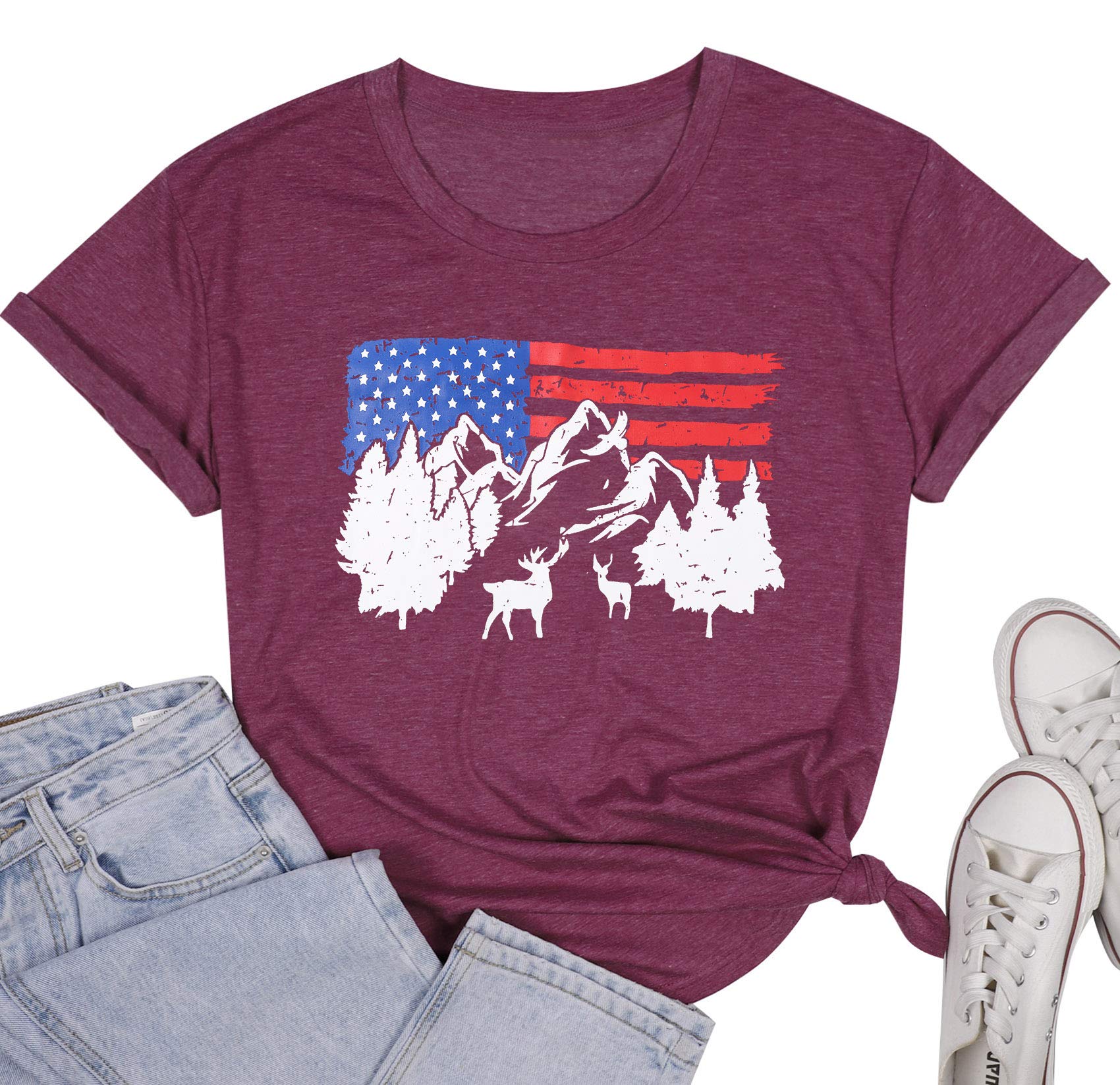 Women American Flag T Shirt Mountain Eagle Deer Graphic Patriotic Tee Stars Stripes 4th of July Casual Shirt Top